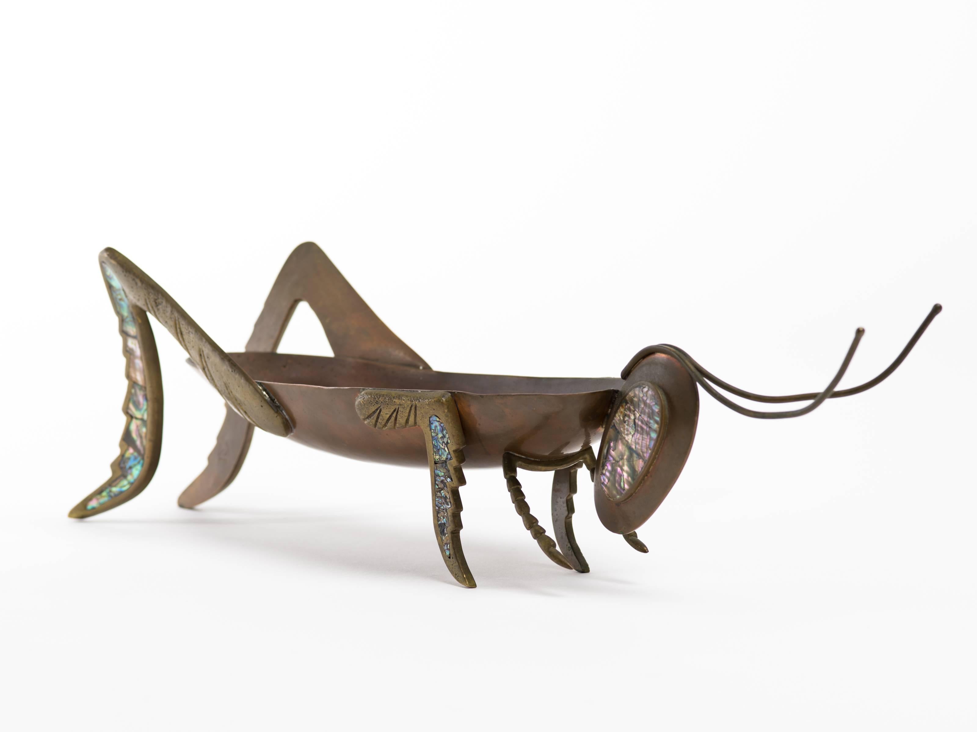 Mid-Century Modern Mexican Copper Brass and Abalone Grasshopper Centerpiece Sculpture For Sale