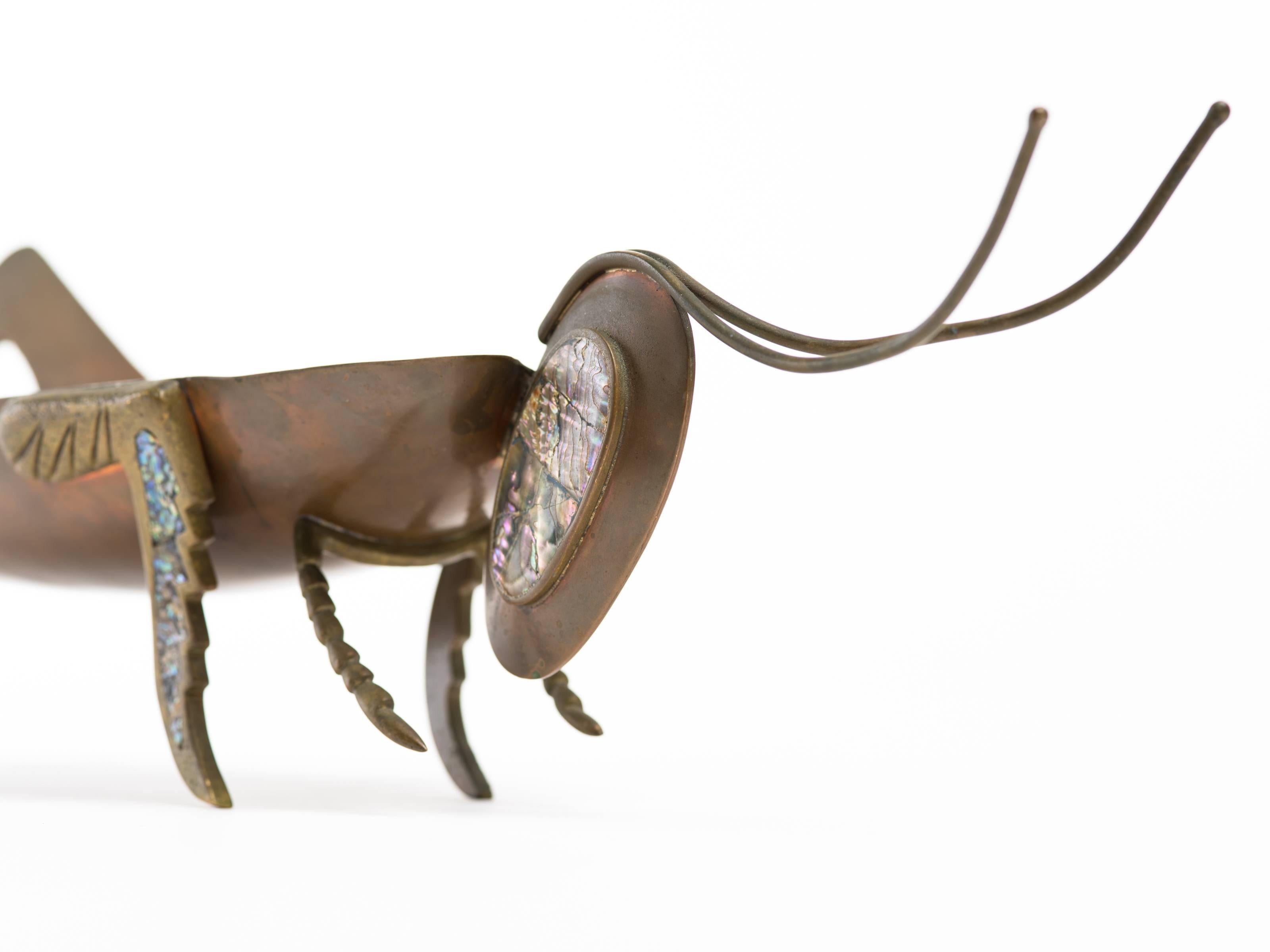 Hammered Mexican Copper Brass and Abalone Grasshopper Centerpiece Sculpture For Sale