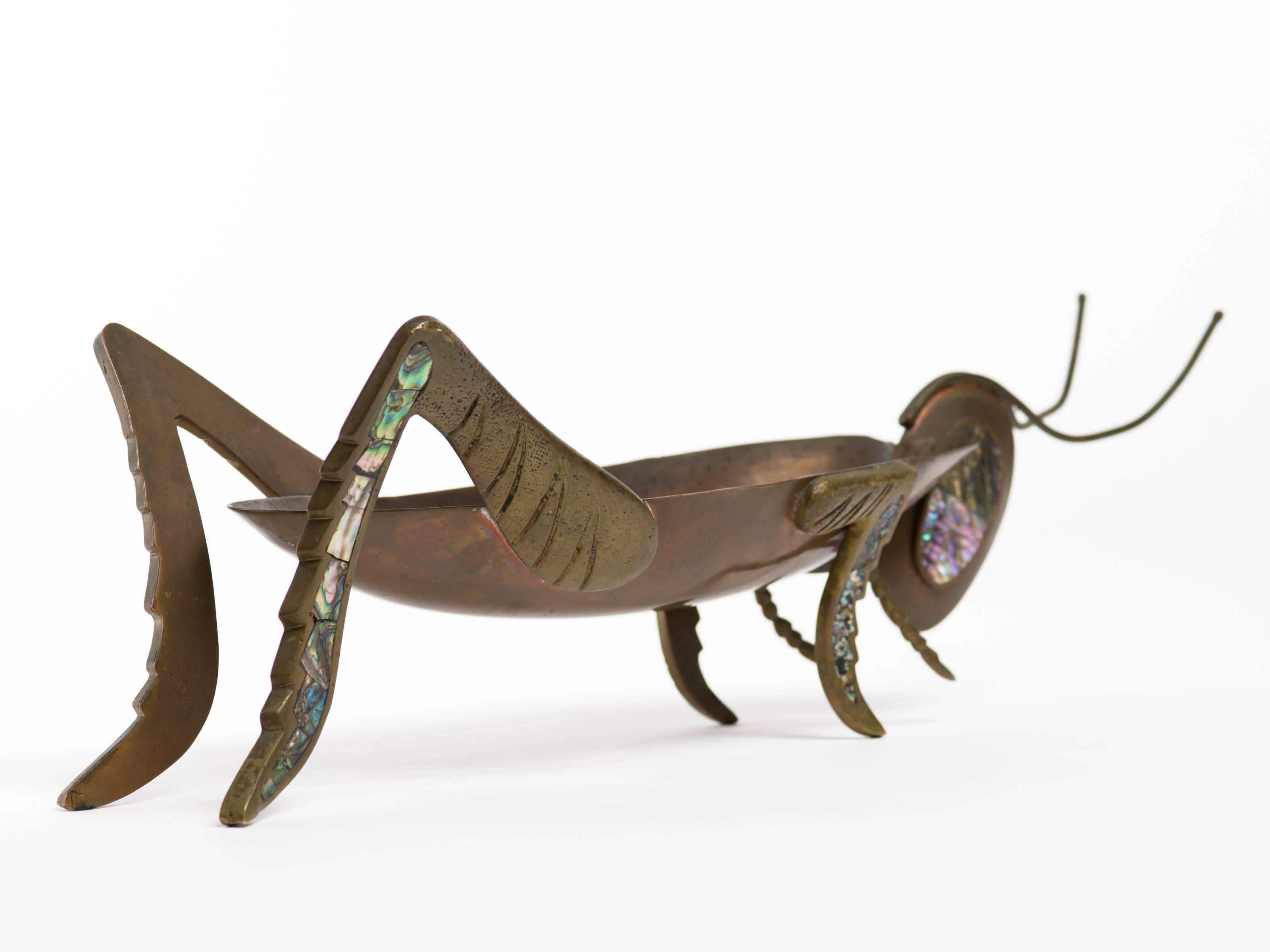 Mexican Copper Brass and Abalone Grasshopper Centerpiece Sculpture In Good Condition For Sale In New York, NY
