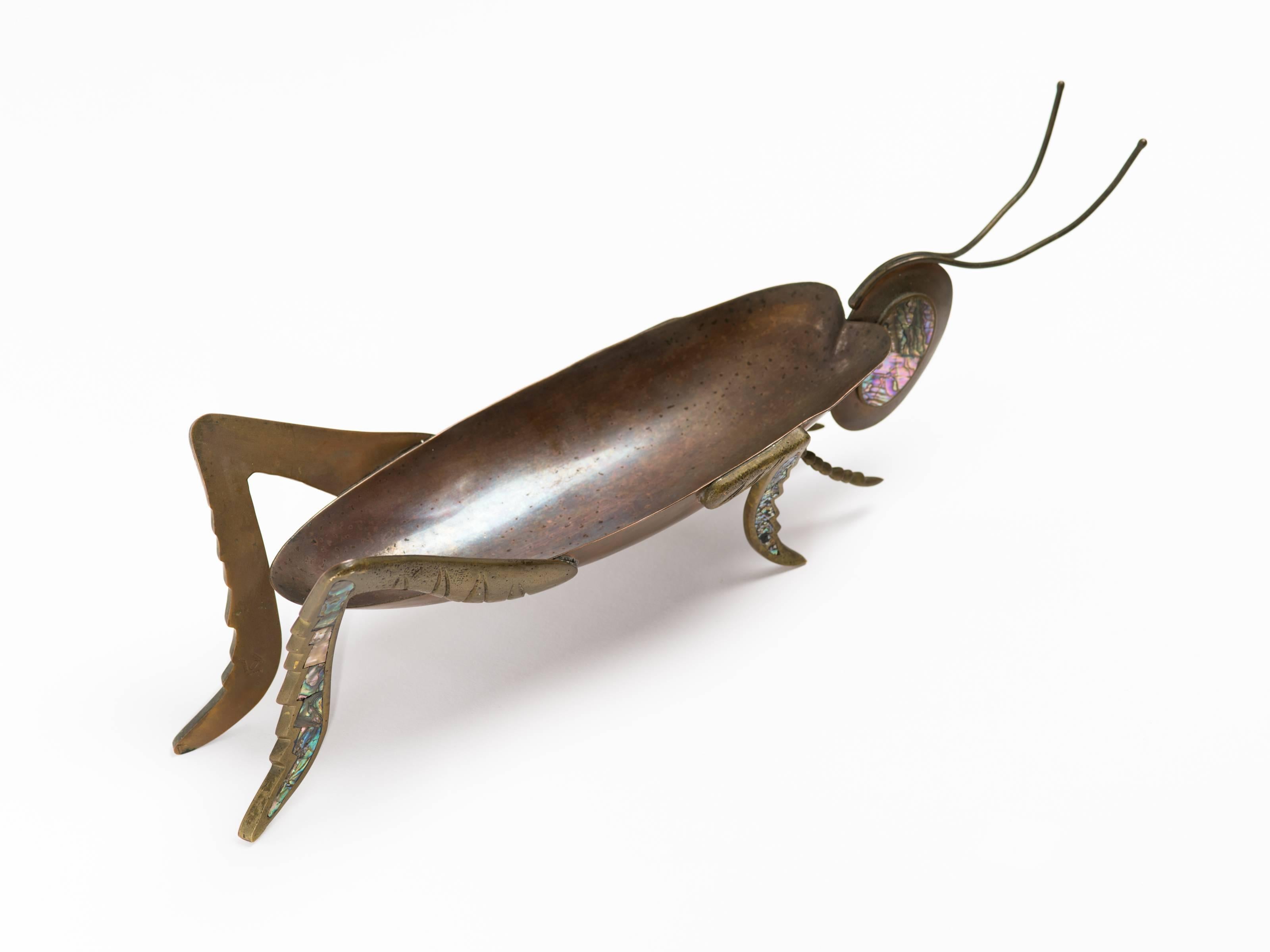 20th Century Mexican Copper Brass and Abalone Grasshopper Centerpiece Sculpture For Sale