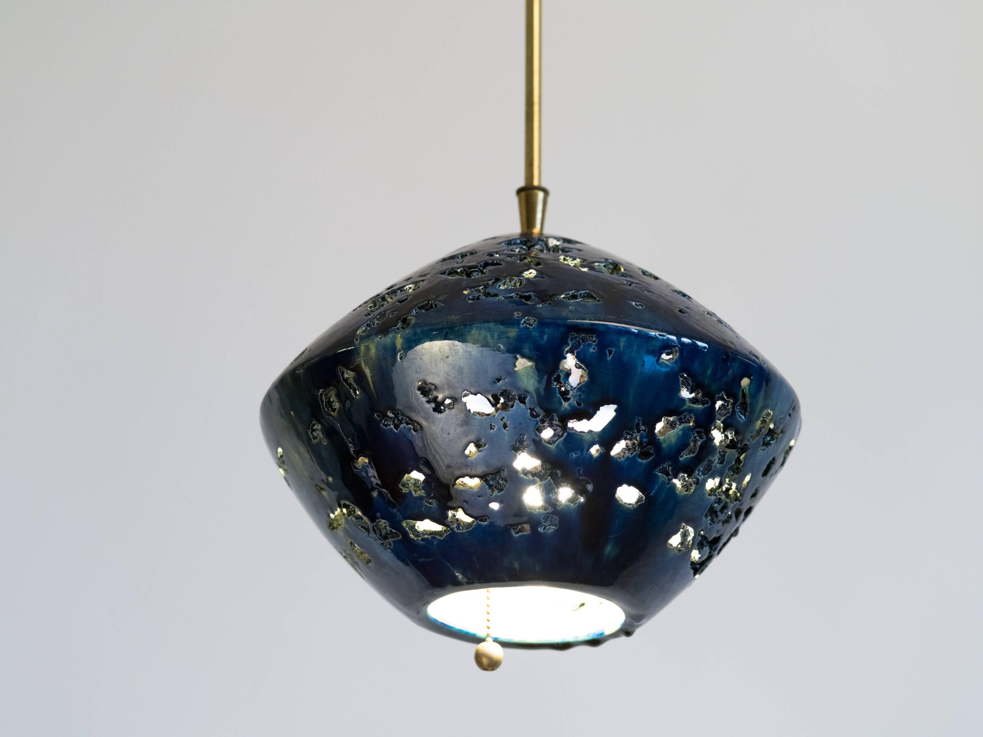 Glazed Italian 1960s Indigo Ceramic Sphere Chandelier For Sale