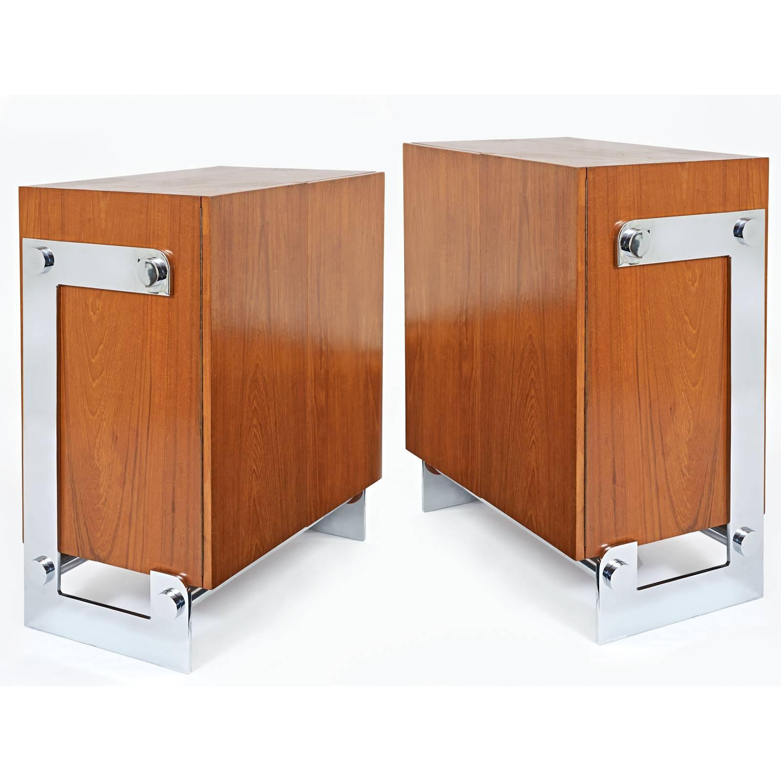 GILLES BOUCHEZ
A single handsome walnut cabinet with sculptural chromed steel mounts.
Finished interior with two shelves.  Finished back, can be used floating.
France, 1970s
ONE AVAILABLE
Dimensions: 29 W x 16.5 D x 33 H.