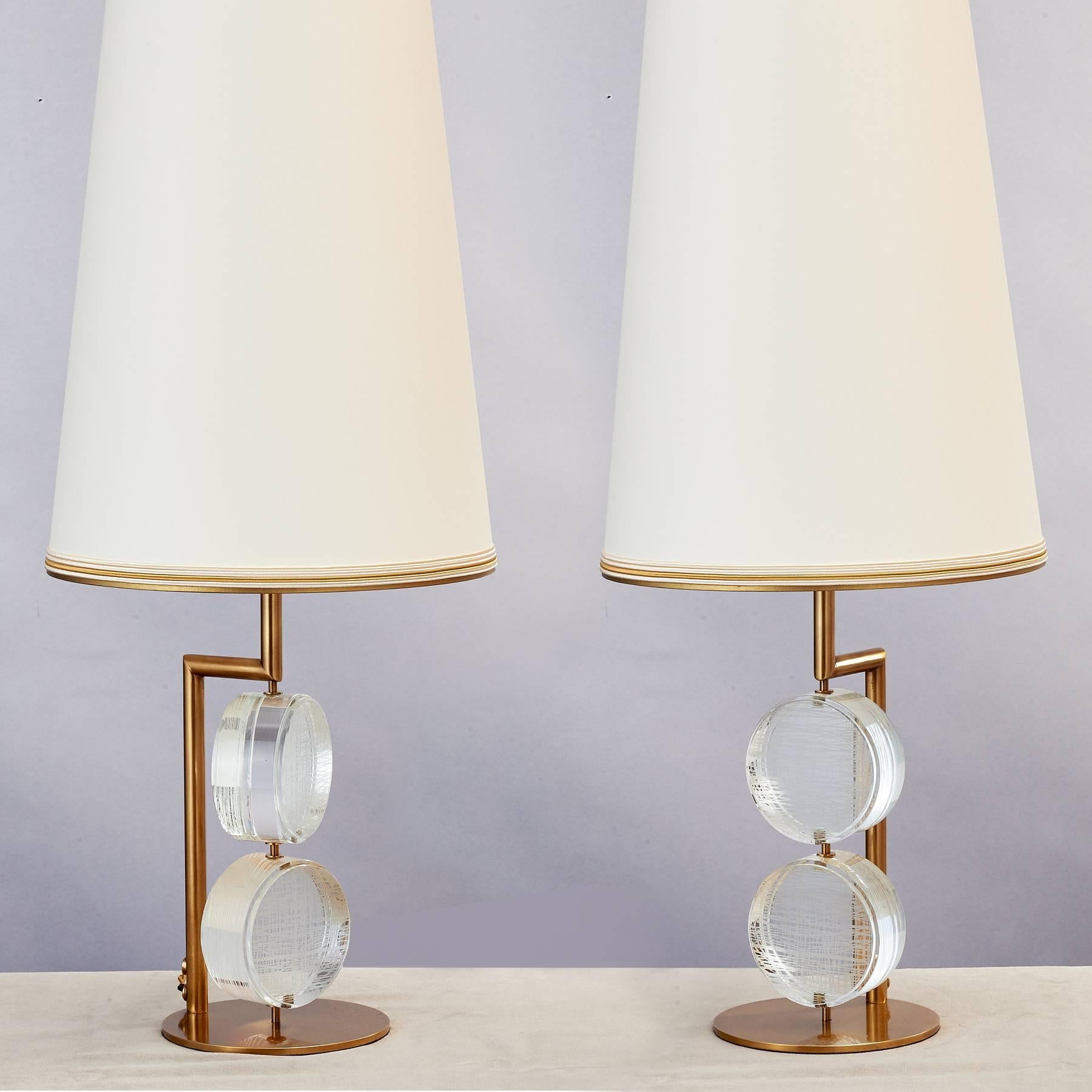 Bronze Limited Edition Pair of Etched Glass Lamps by Roberto Rida