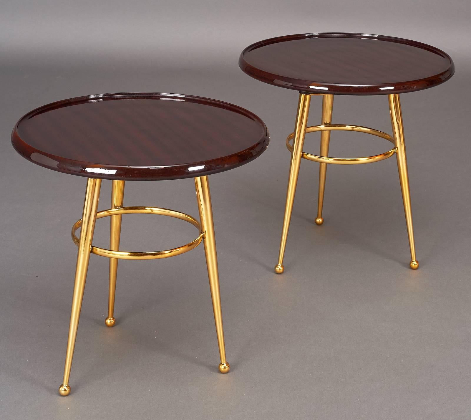 Italian Pair of Mahogany Topped Brass 1950s Side Tables