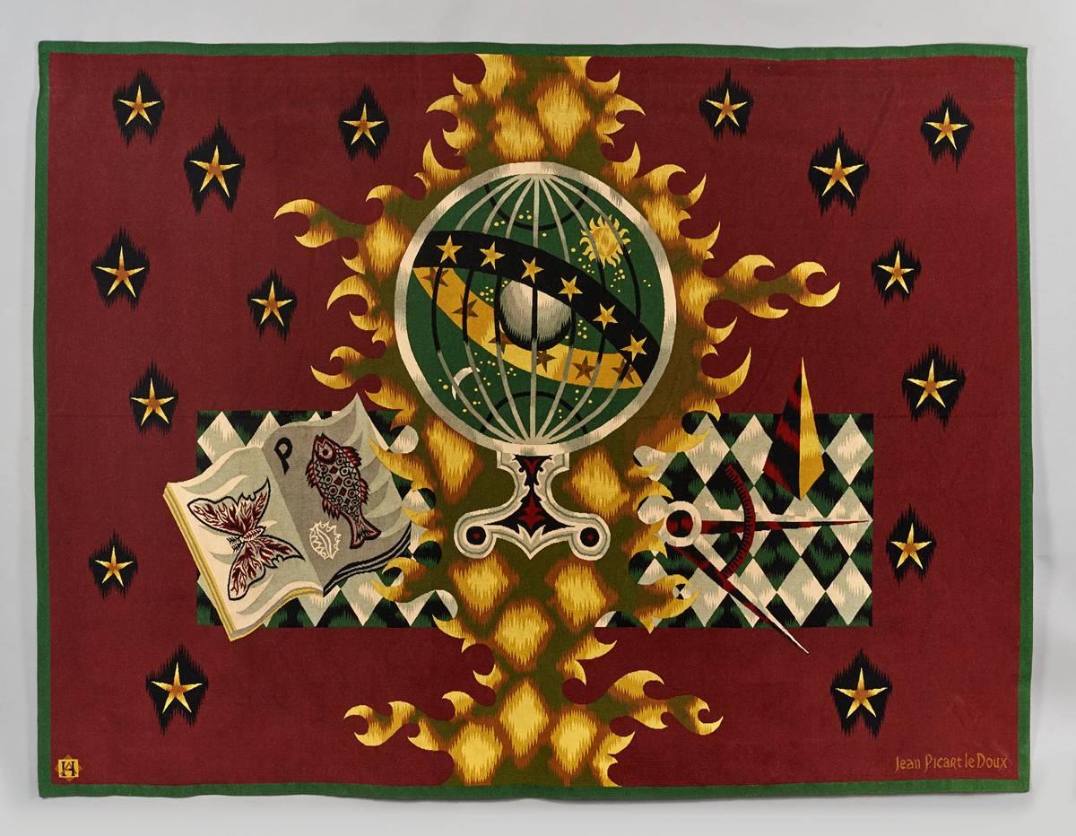 Jean Picart Le Doux (1902-1982)
Exceptional large woven wool Aubusson tapestry by Picart Le Doux
with central armillary sphere motif, flanked by symbols of the sciences, perfect
for a library or study.
Woven at Aubusson by Atelier Hamot.
Signed,