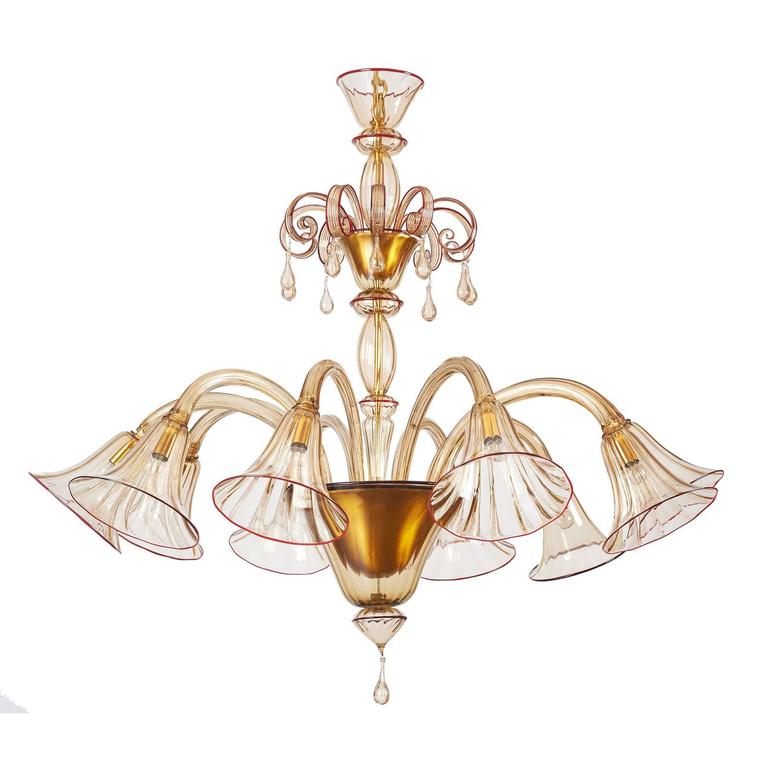 Magnificent Murano Blown Glass Chandelier by Venini with Red Accent, 1920s In Good Condition For Sale In New York, NY
