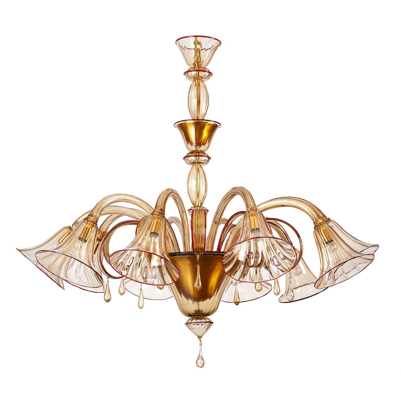 Mid-Century Modern Magnificent Murano Blown Glass Chandelier by Venini with Red Accent, 1920s For Sale