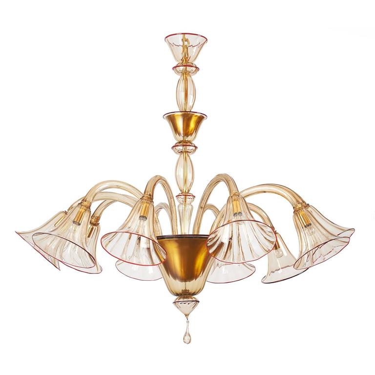 Magnificent Murano Blown Glass Chandelier by Venini with Red Accent, 1920s For Sale 1