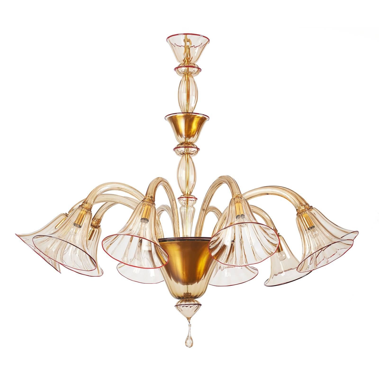 Italian Magnificent Murano Blown Glass Chandelier by Venini with Red Accent, 1920s For Sale