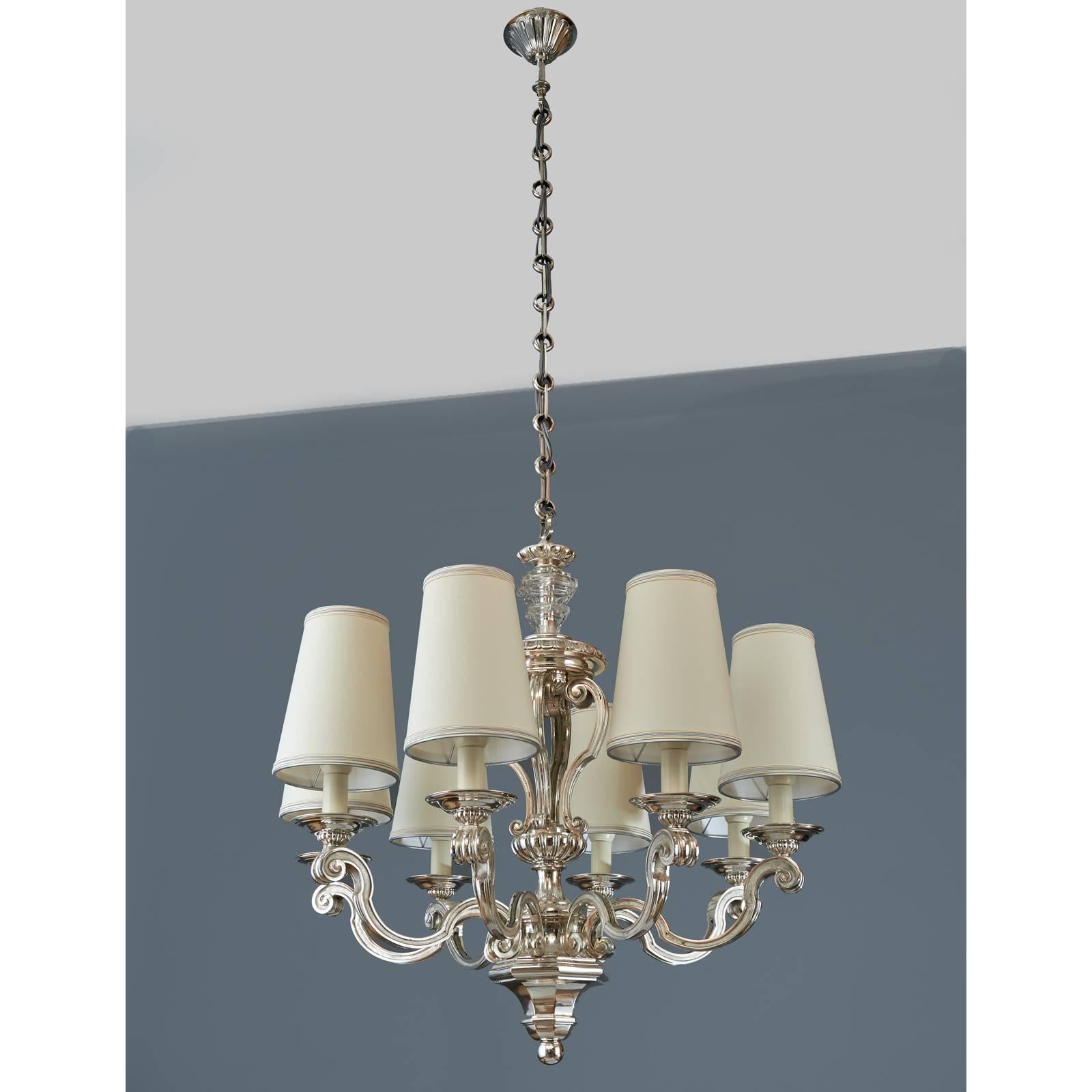 Eight Branch Neoclassical Silvered Bronze Chandelier, France 1950s In Excellent Condition In New York, NY