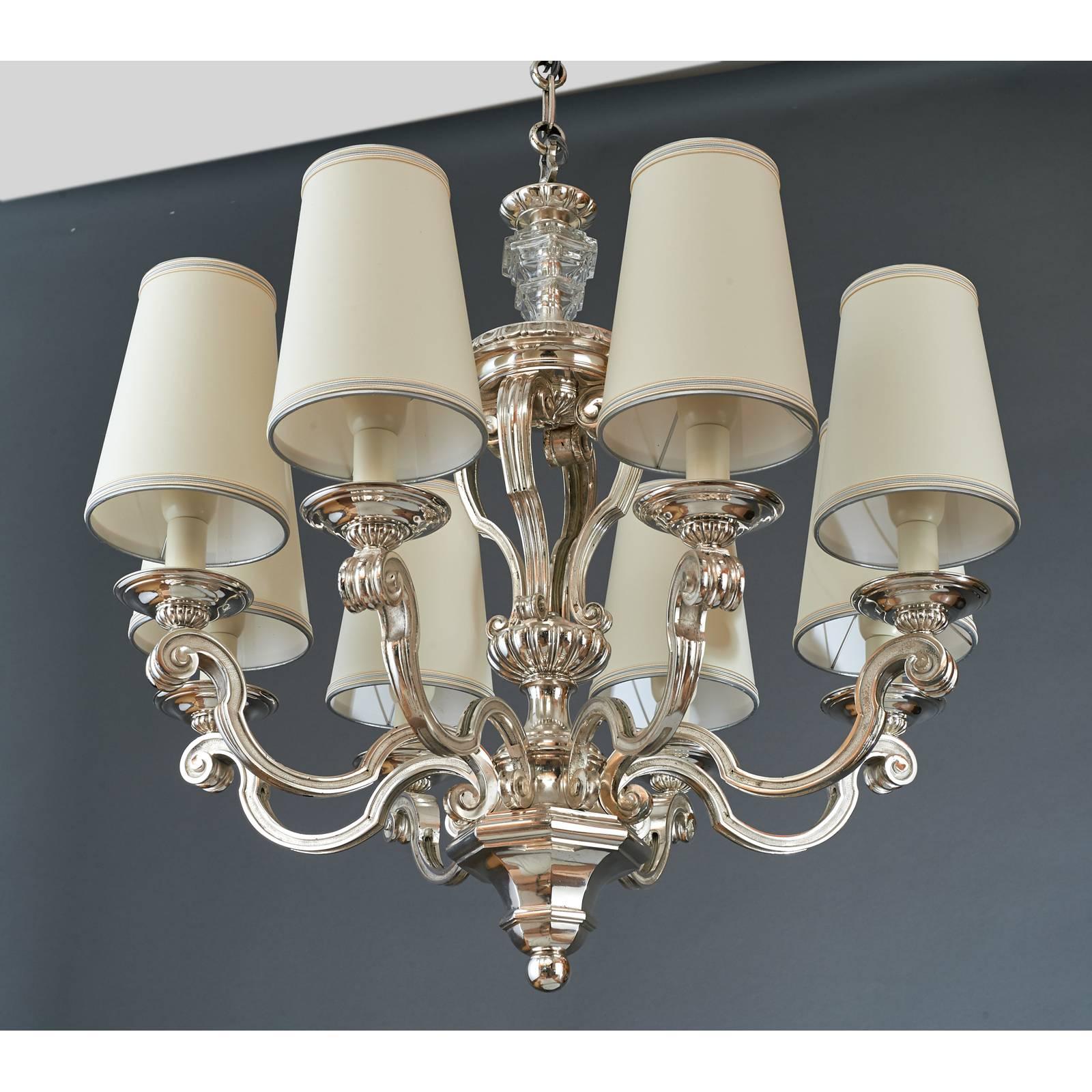 French Eight Branch Neoclassical Silvered Bronze Chandelier, France 1950s
