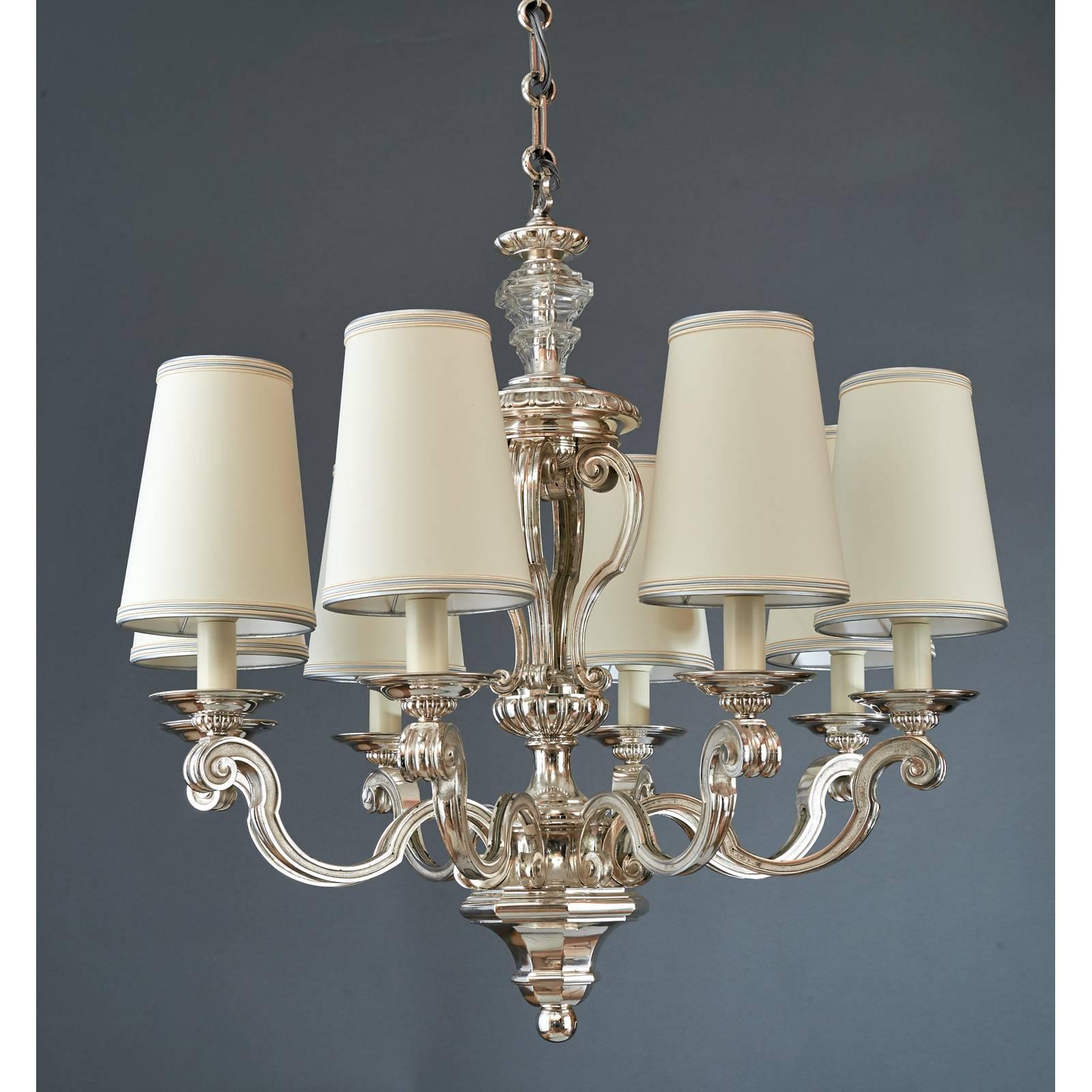 Mid-20th Century Eight Branch Neoclassical Silvered Bronze Chandelier, France 1950s
