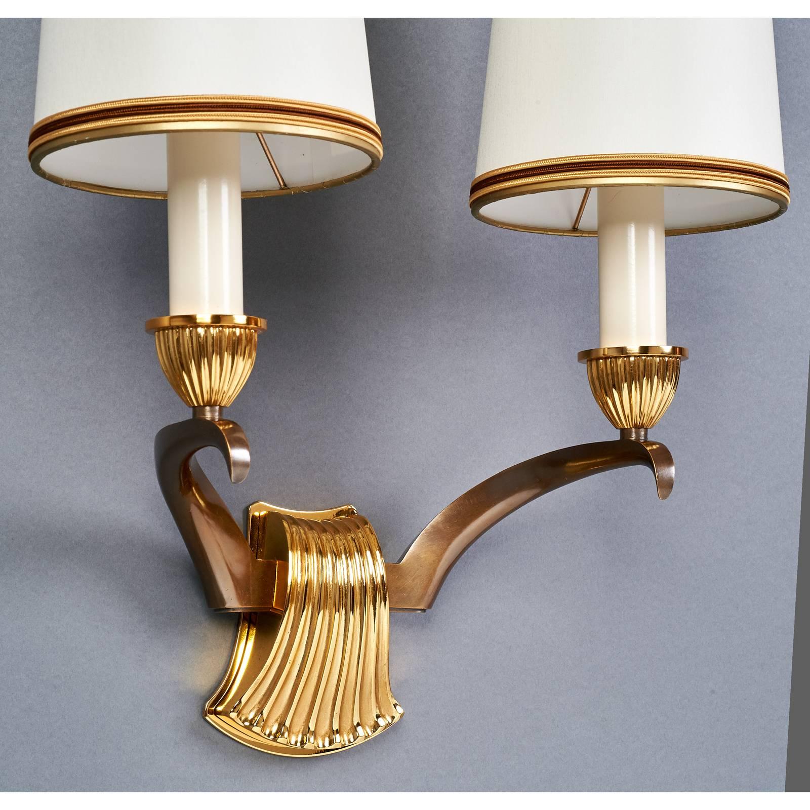 French Pair of Scalloped Bronze Sconces by Genet Michon, France 1950s