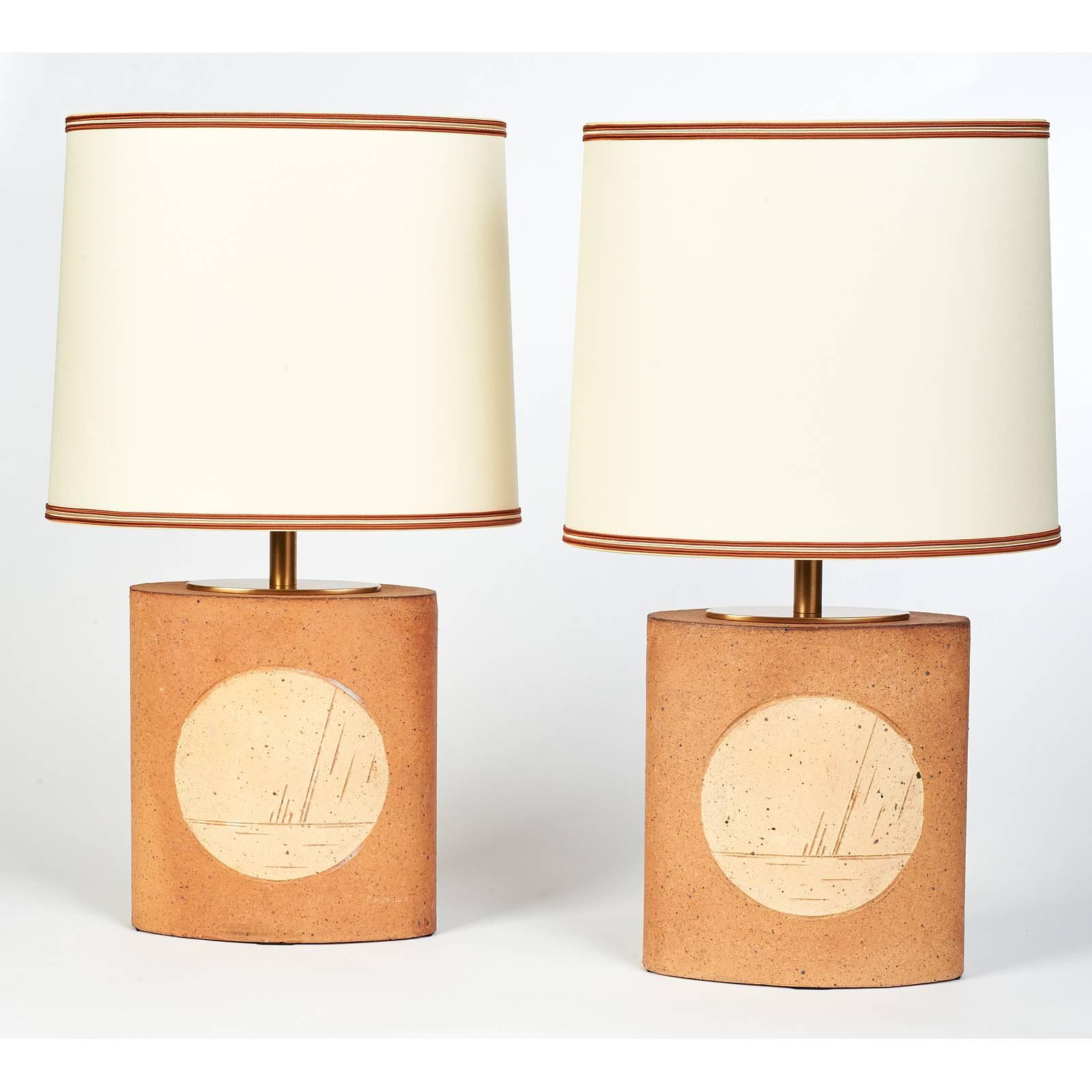 France, 1970s
Pair of oval fired ceramic table lamps incised with abstract geometric motifs.
From a collection of French 1970s fired ceramic lamps.
Four available, sold as a pair or singly
Priced individually
Dimensions: 23 H x 13 W x 8.5