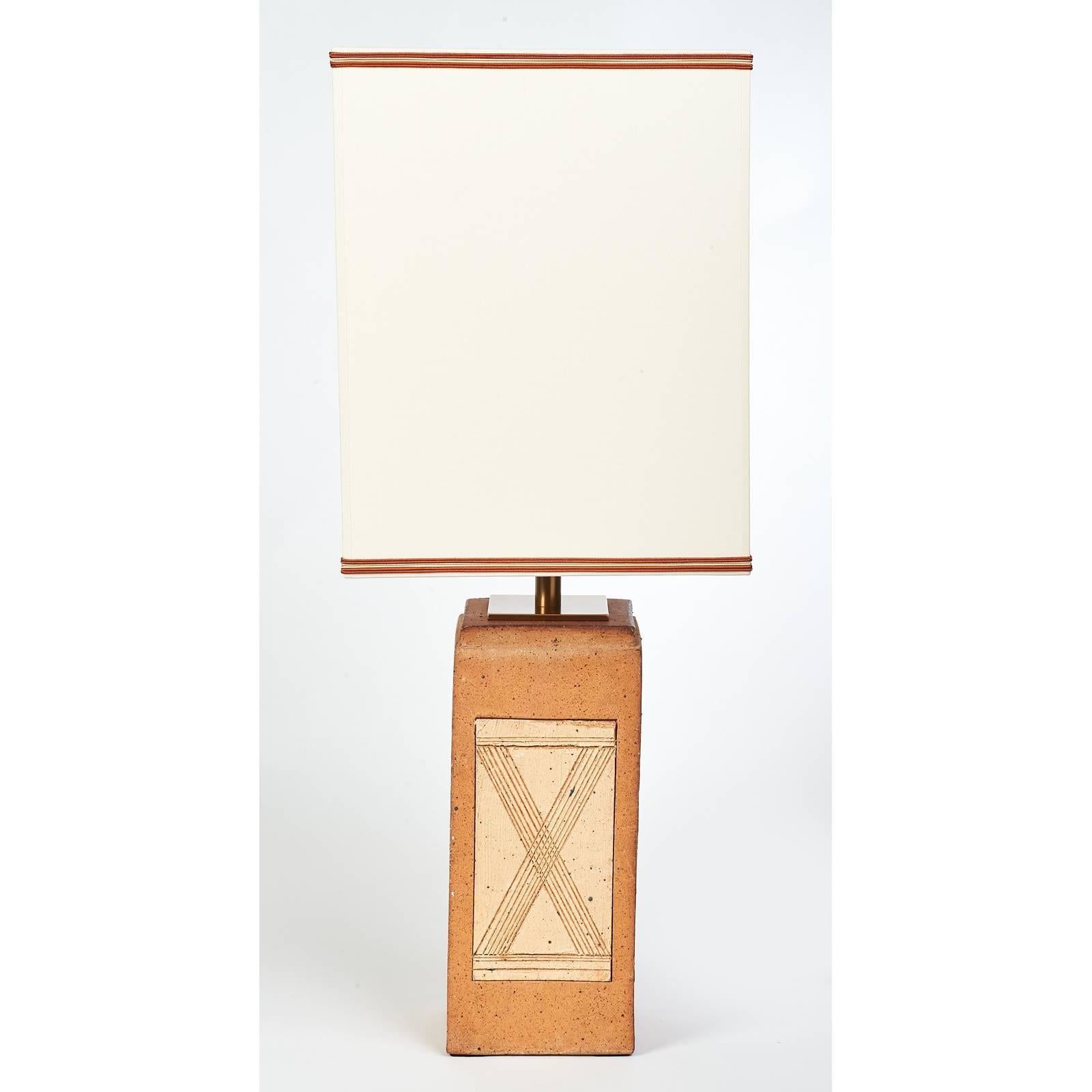 Mid-Century Modern Square Ceramic Lamp with Abstract Decor, France, 1970s