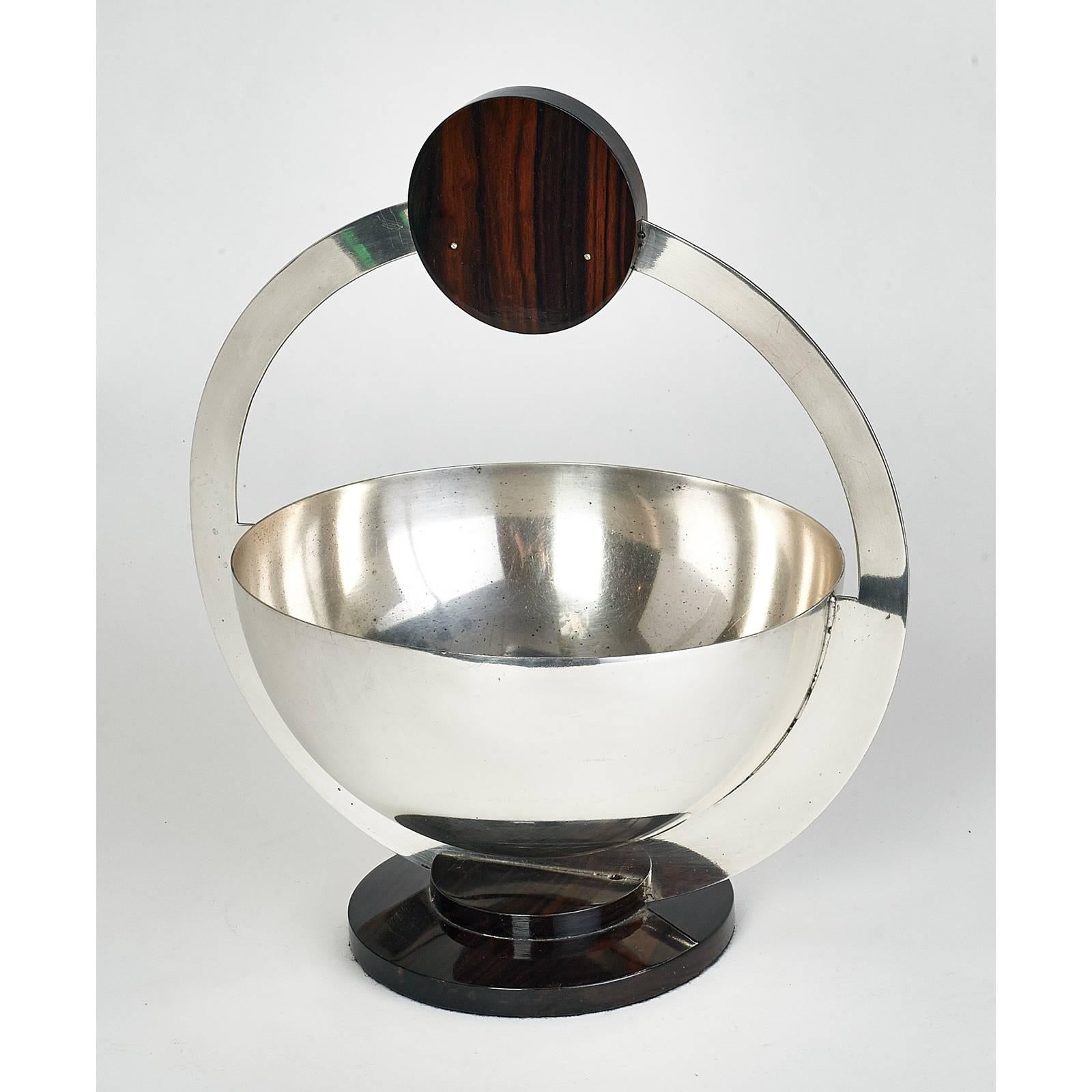 Art Deco Silvered Bowl with Macassar Ebony Mounts, France, 1930s
