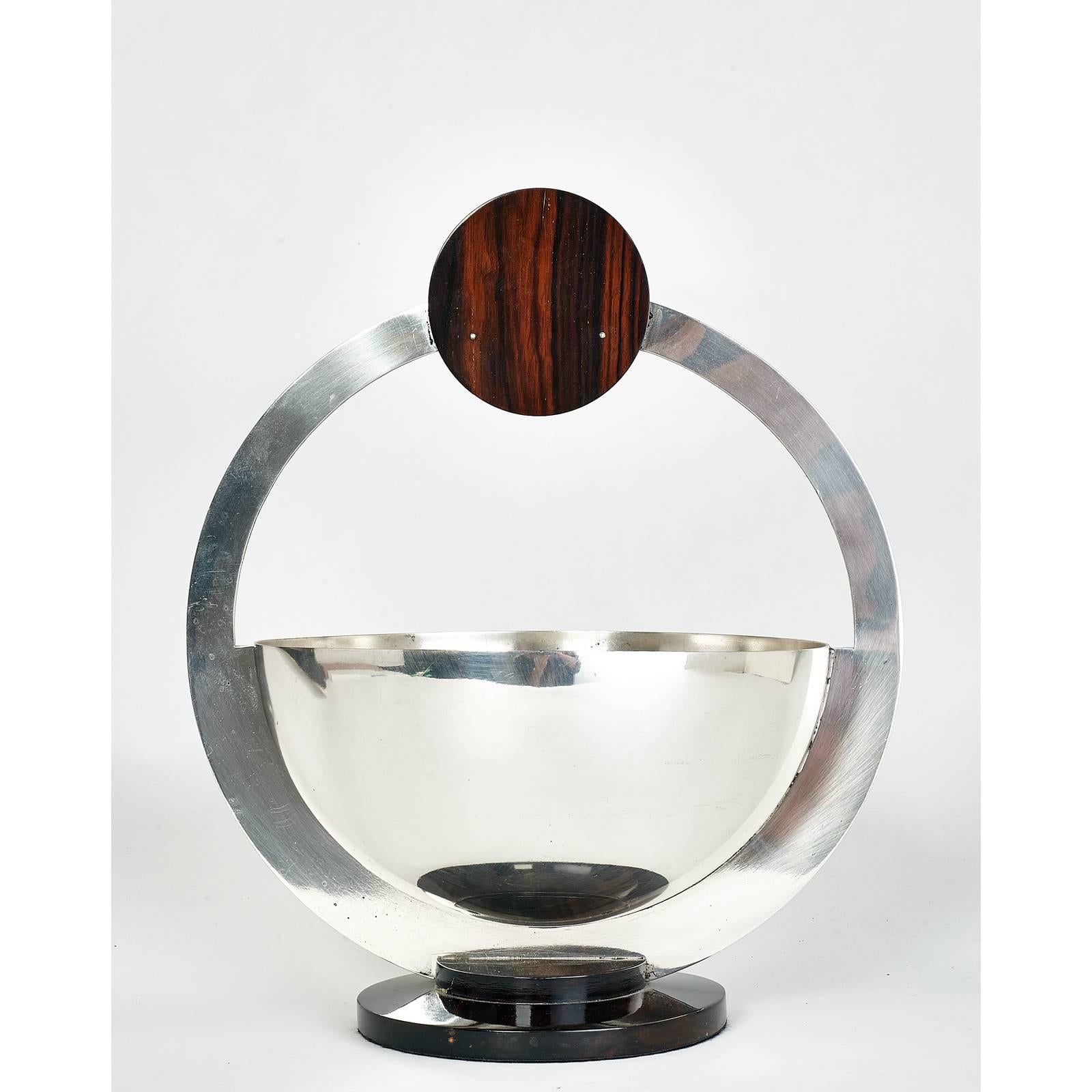 French Silvered Bowl with Macassar Ebony Mounts, France, 1930s