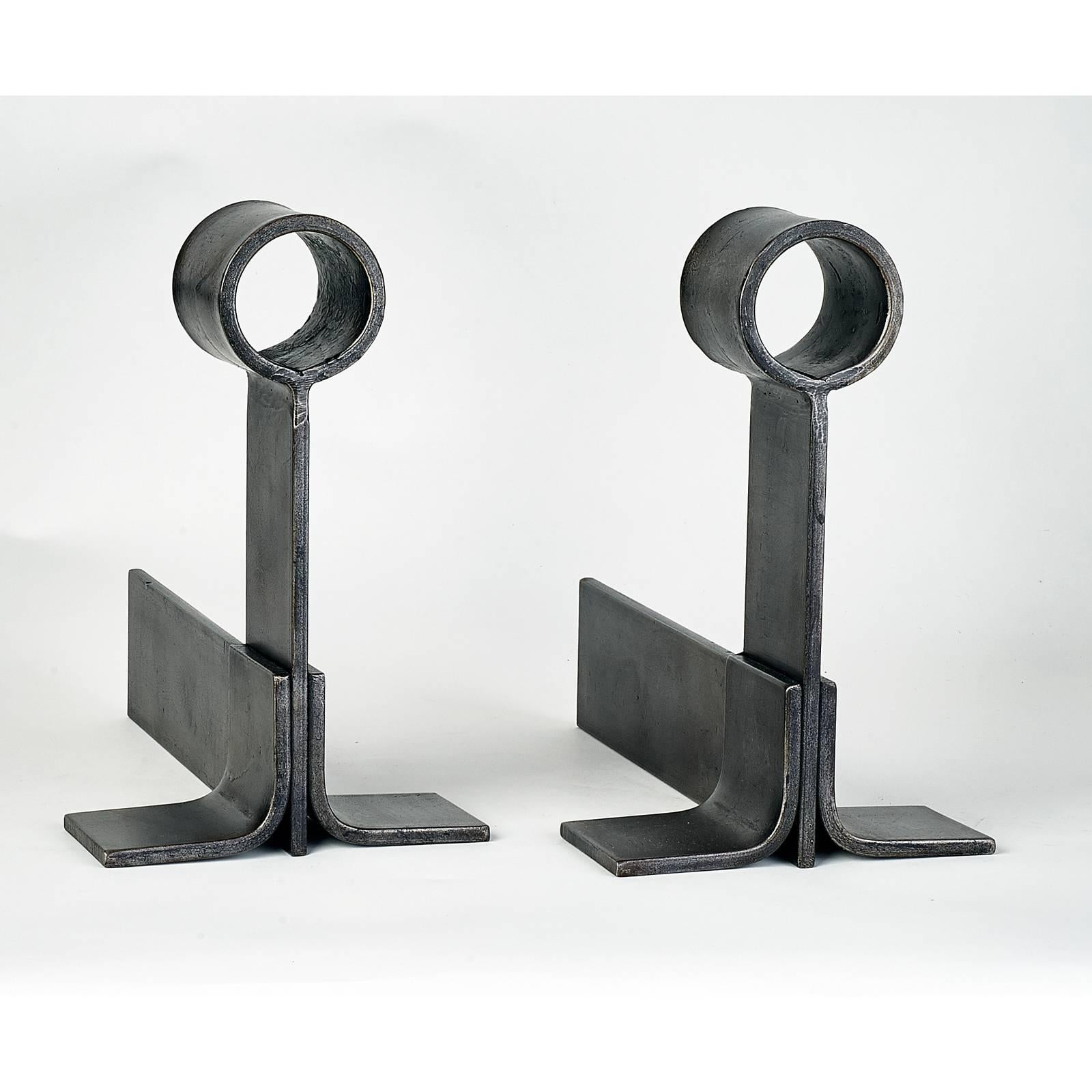 France, 1950s
Pair of modernist andirons with circular motif in wrought iron
Dimensions: 7.5 W x 13 D x 12 H.

