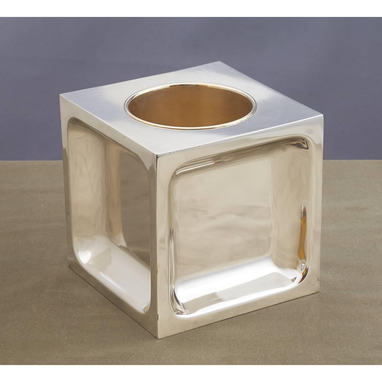 Mid-Century Modern Modernist Silvered Wine Cooler with Circular Inset, Italy 1970s For Sale