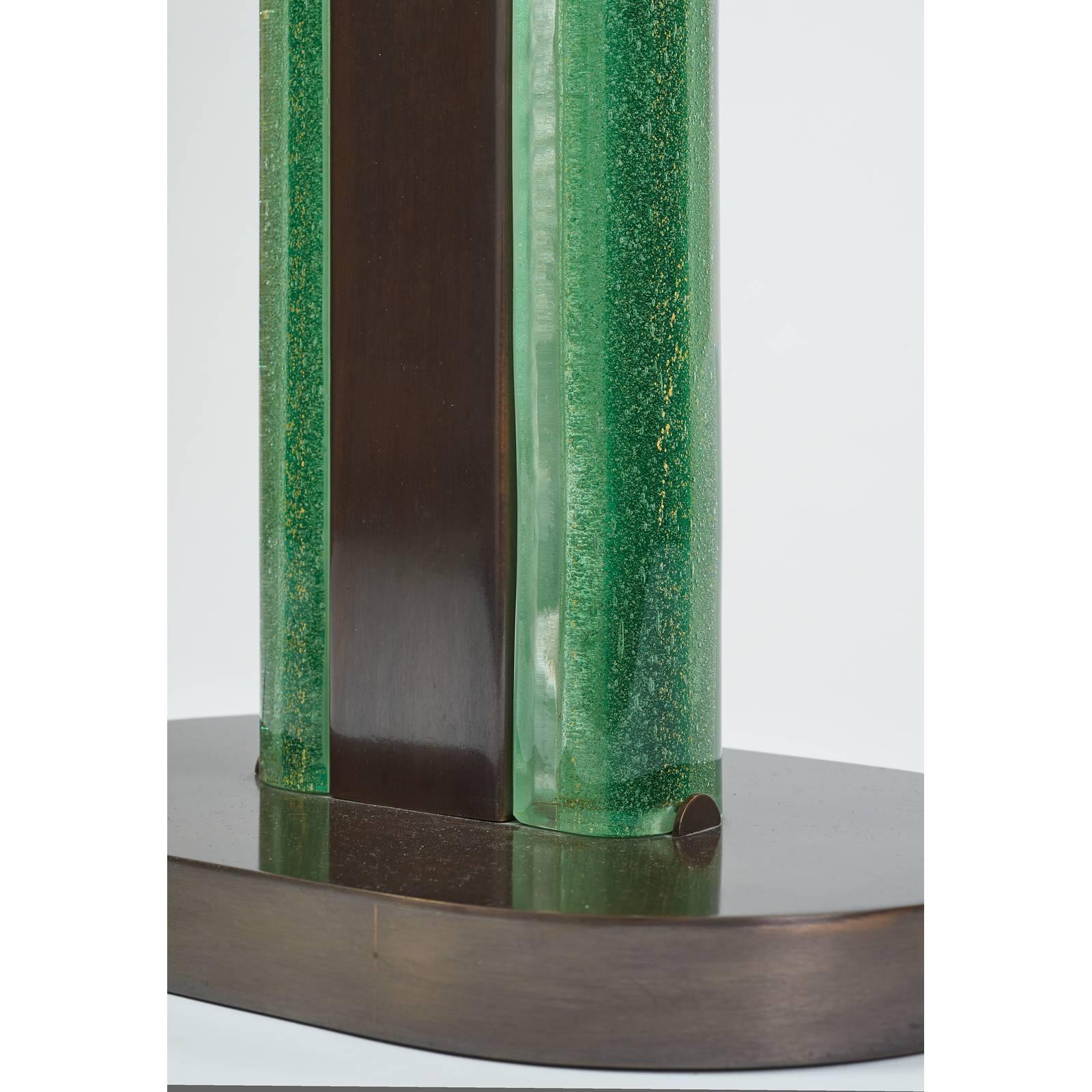 Roberto Rida (b. 1943)
A magnificent and important pair of table lamps by Roberto Rida,
with back lighted rods of gold flecked vintage, 1950s Venini glass, 
mounted on a dark bronze patina frame.
Signed, Italy, 2016
Limited edition of four pair
