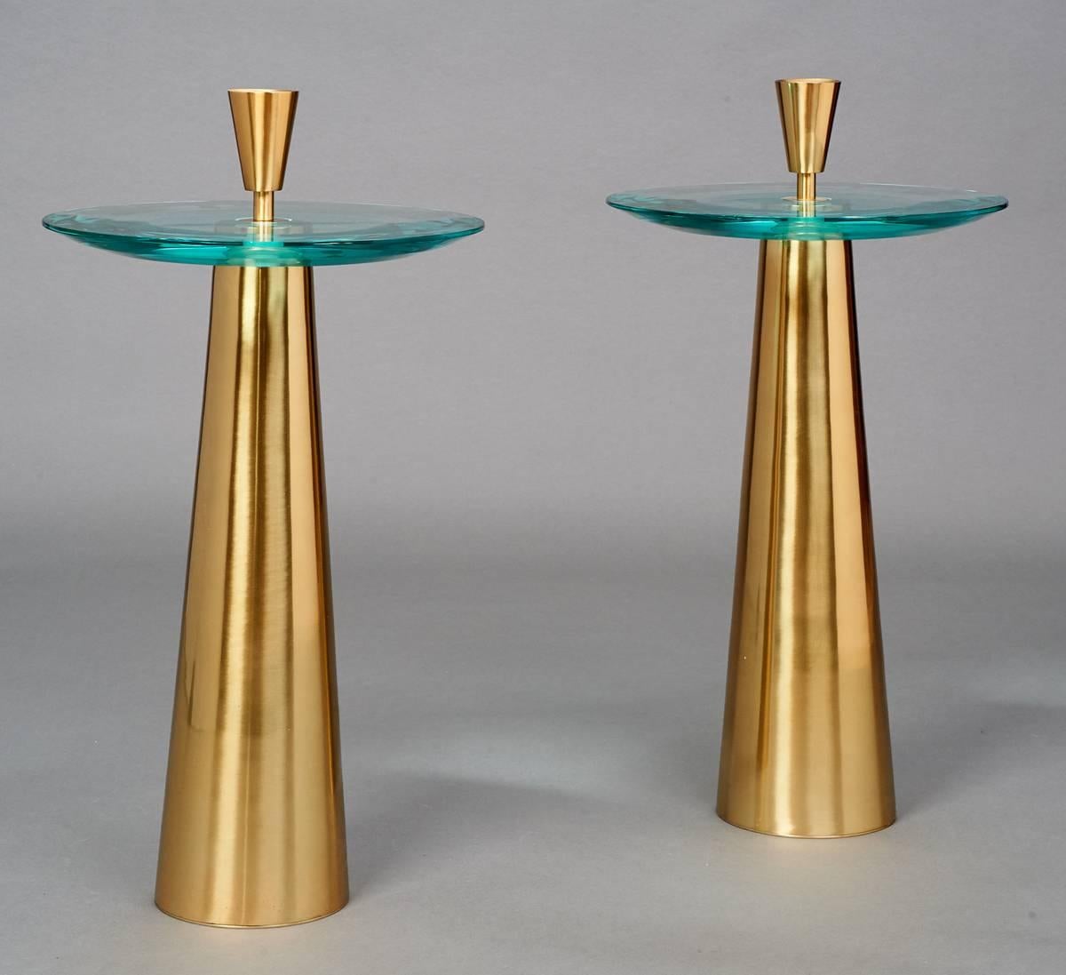 Roberto Rida (b. 1943)
A sculptural side table 
Triple beveled glass, polished tapered brass base and finial
Signed, Italy 2017
Limited edition, exclusive to L' Art de Vivre
Dimensions: 13.5 Ø x 22.5 H at glass. 
Shown as a pair. PRICED AND SOLD