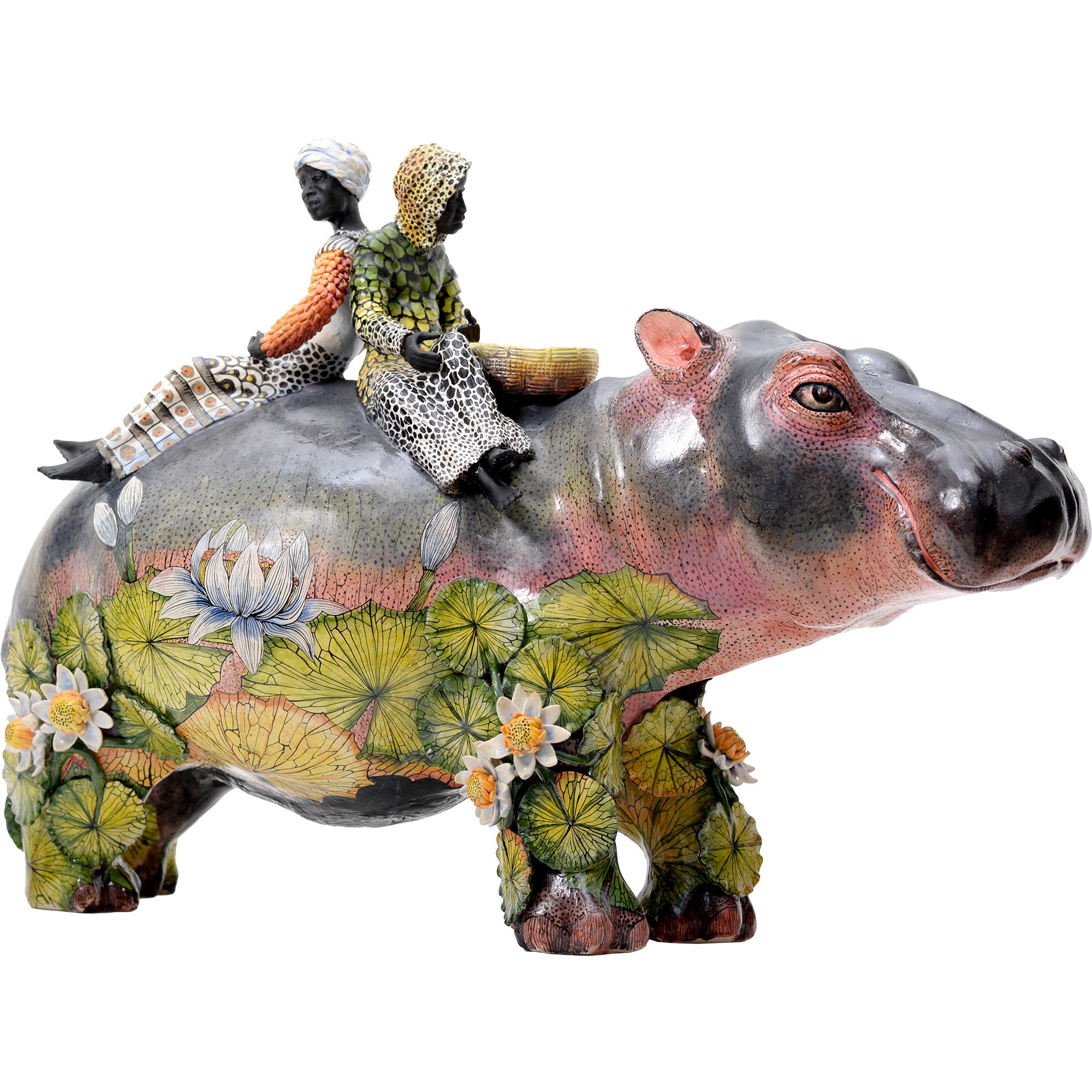 Sudafricano Scultura a cavaliere con ippopotamo e ninfee, realizzata a mano in Sudafrica in vendita