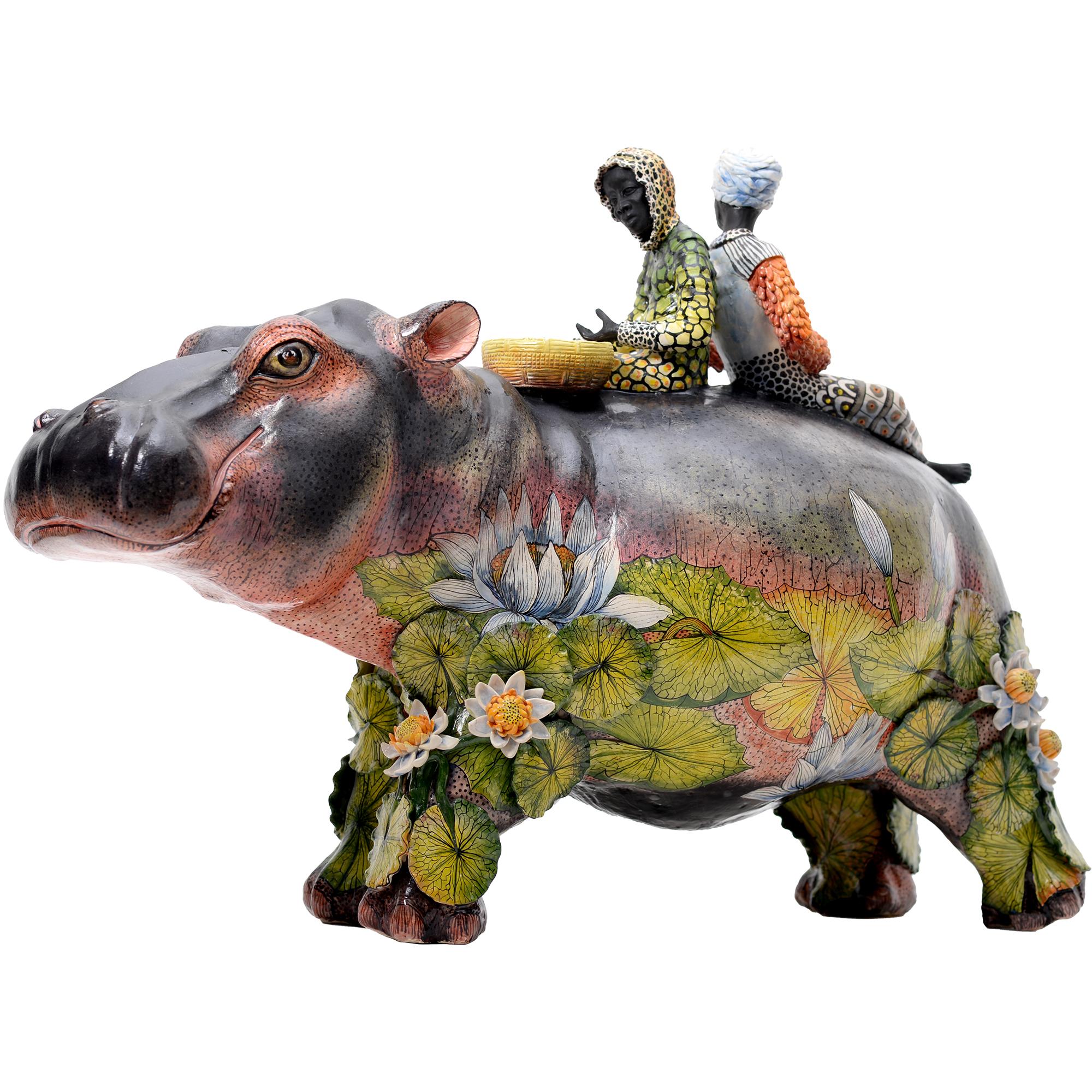 Ceramica Scultura a cavaliere con ippopotamo e ninfee, realizzata a mano in Sudafrica in vendita