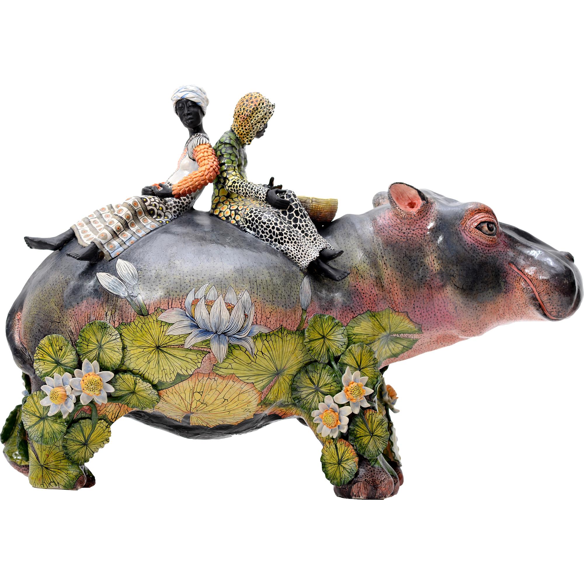 Scultura a cavaliere con ippopotamo e ninfee, realizzata a mano in Sudafrica in vendita 3