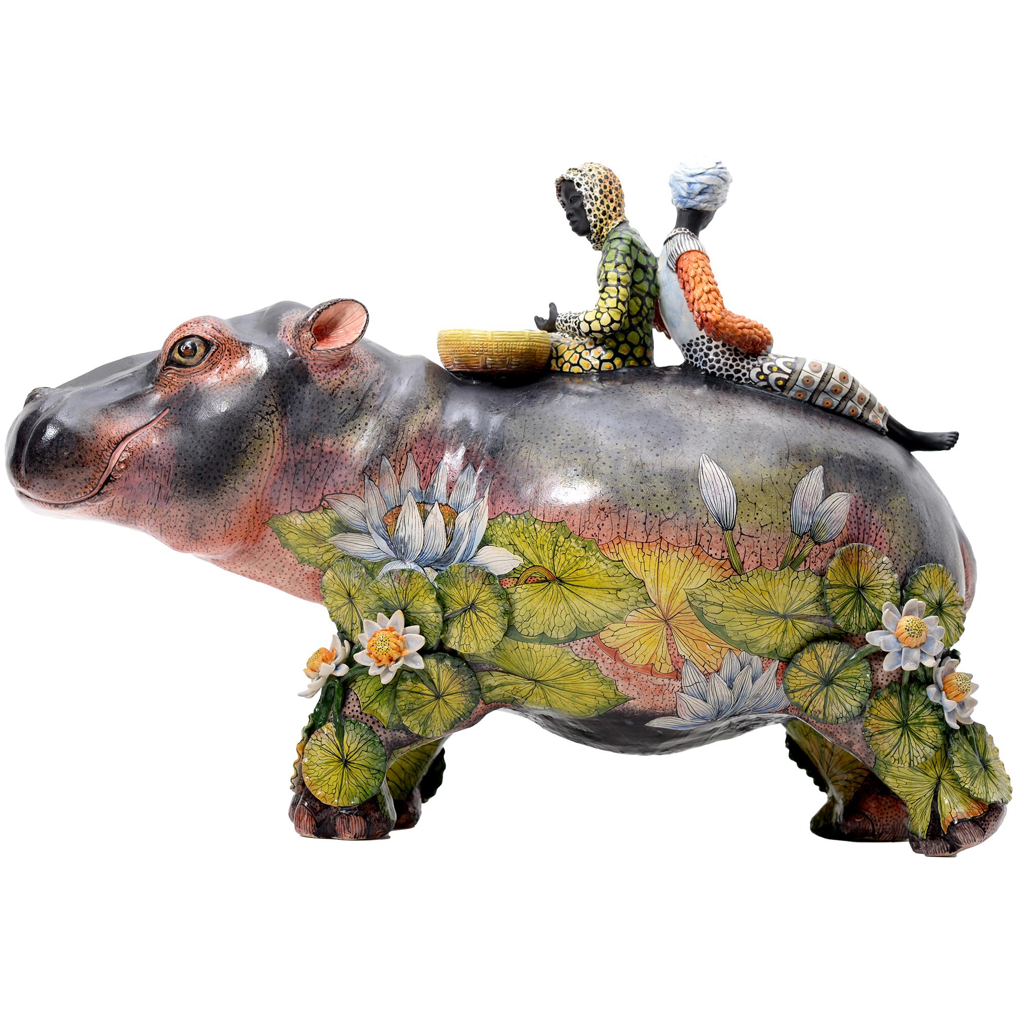 Scultura a cavaliere con ippopotamo e ninfee, realizzata a mano in Sudafrica in vendita 1