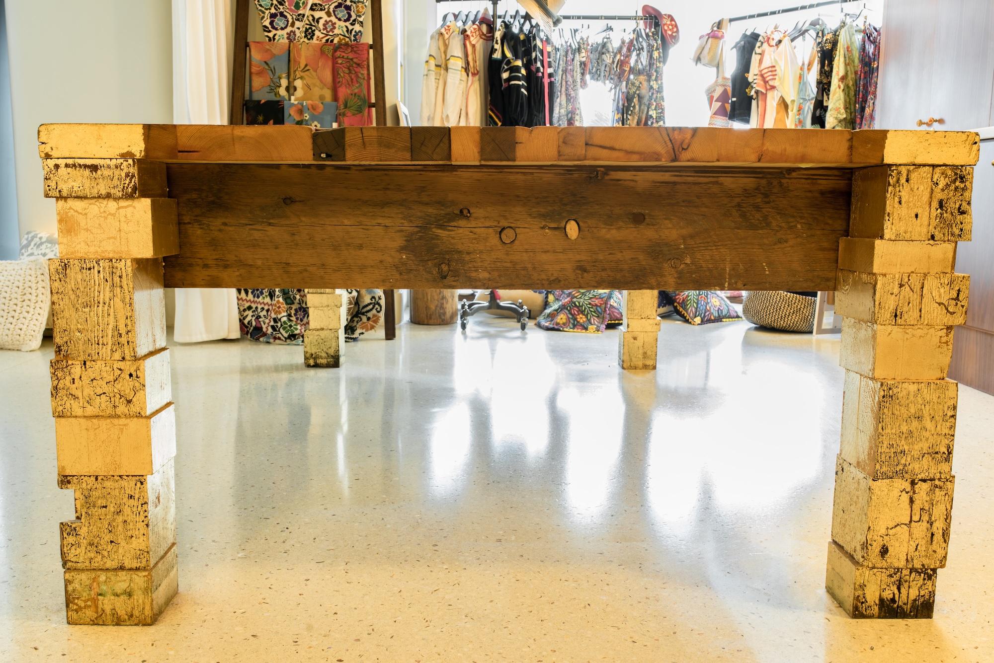 Organic Modern Reclaimed Wood Gilt Block Dining Table, Design and Handcrafted by Rafael Calvo For Sale