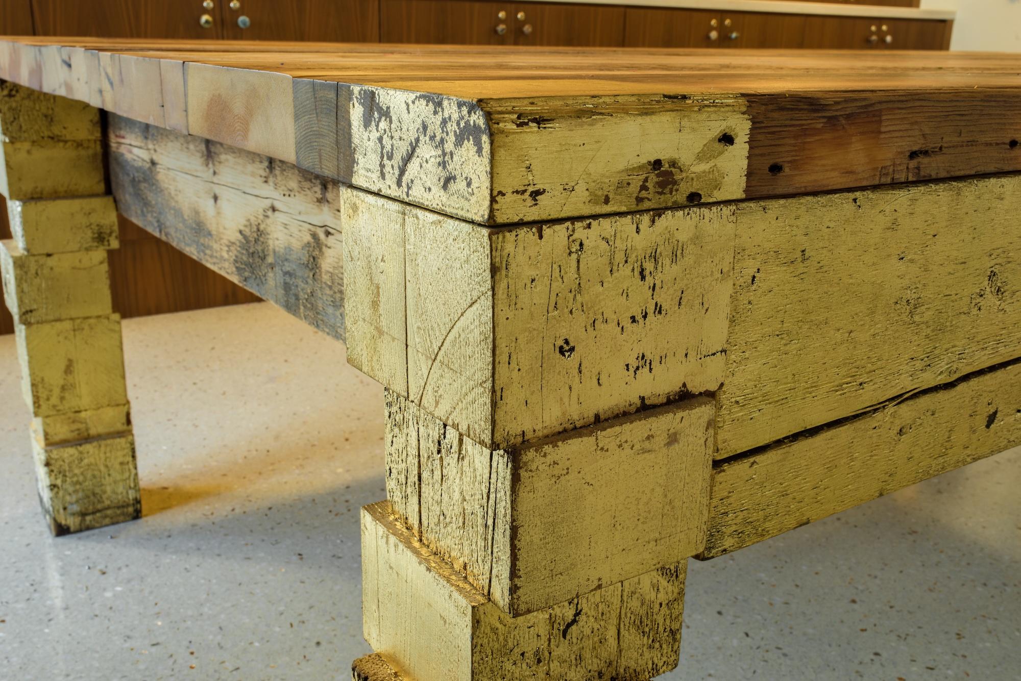 Contemporary Reclaimed Wood Gilt Block Dining Table, Design and Handcrafted by Rafael Calvo For Sale