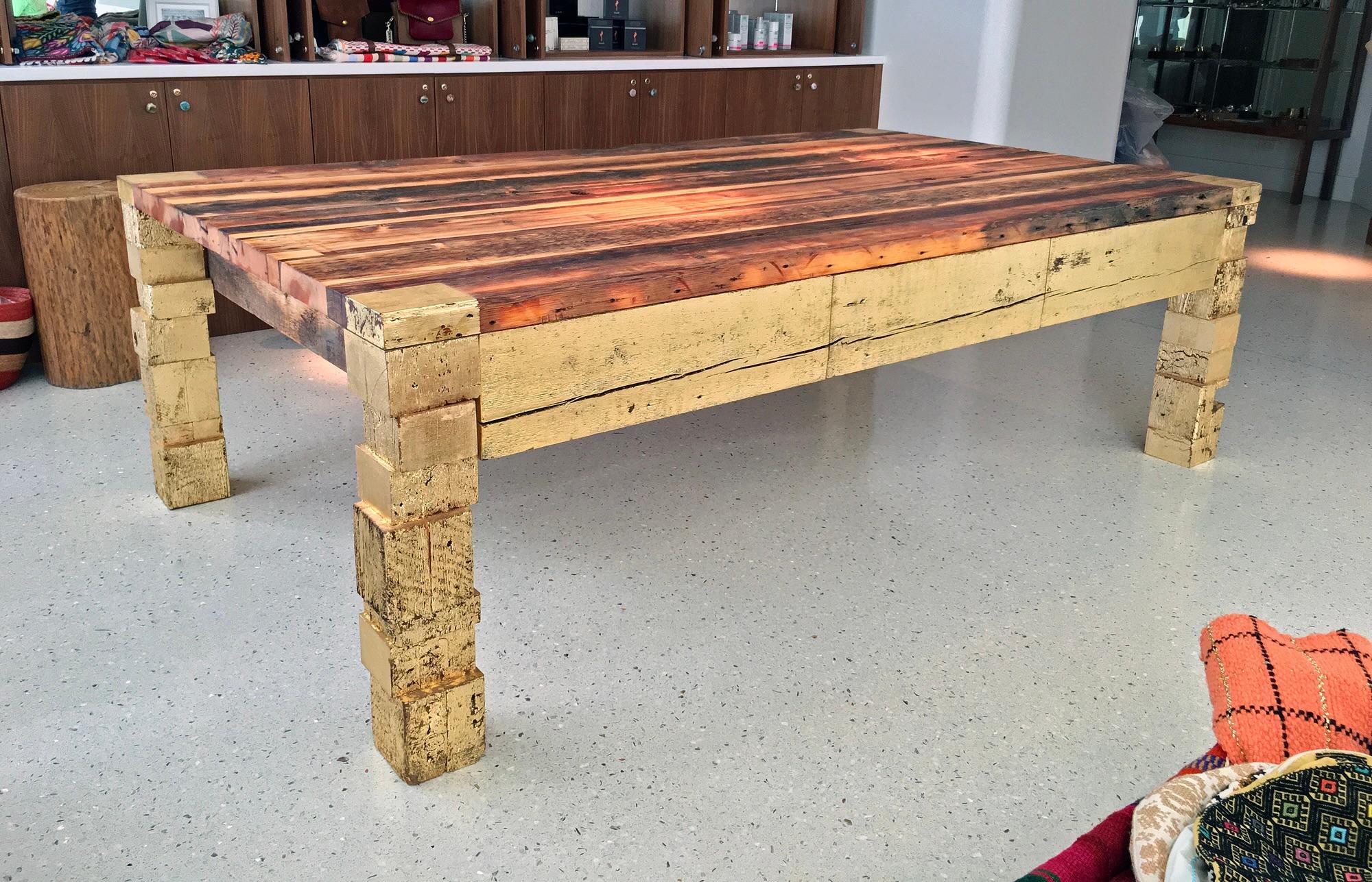 American Reclaimed Wood Gilt Block Dining Table, Design and Handcrafted by Rafael Calvo For Sale