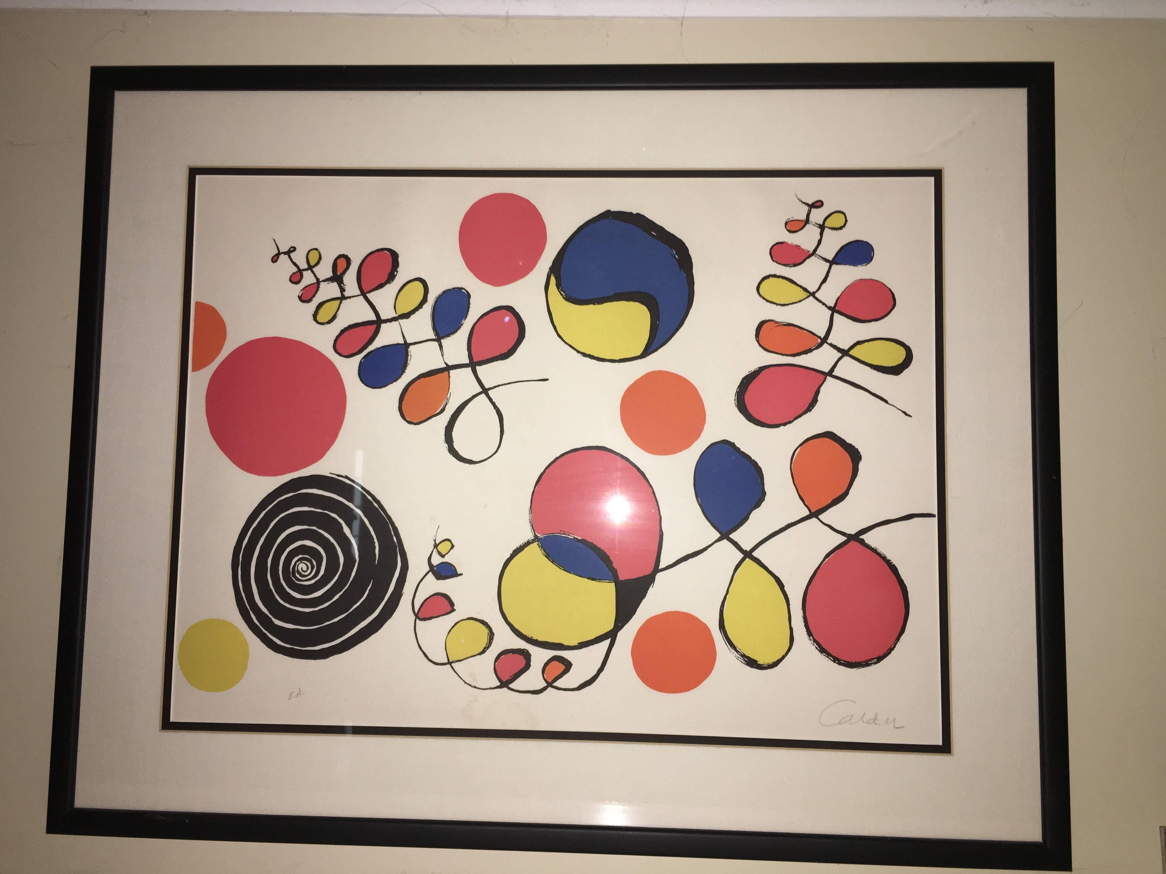 Terrific original pencil signed artists proof lithograph by Alexander Calder. This beautiful piece depicts colorful abstract spirals. It is pencil signed Calder EA which stands for its French name, epreuve d'artist. Framed and ready to hang.