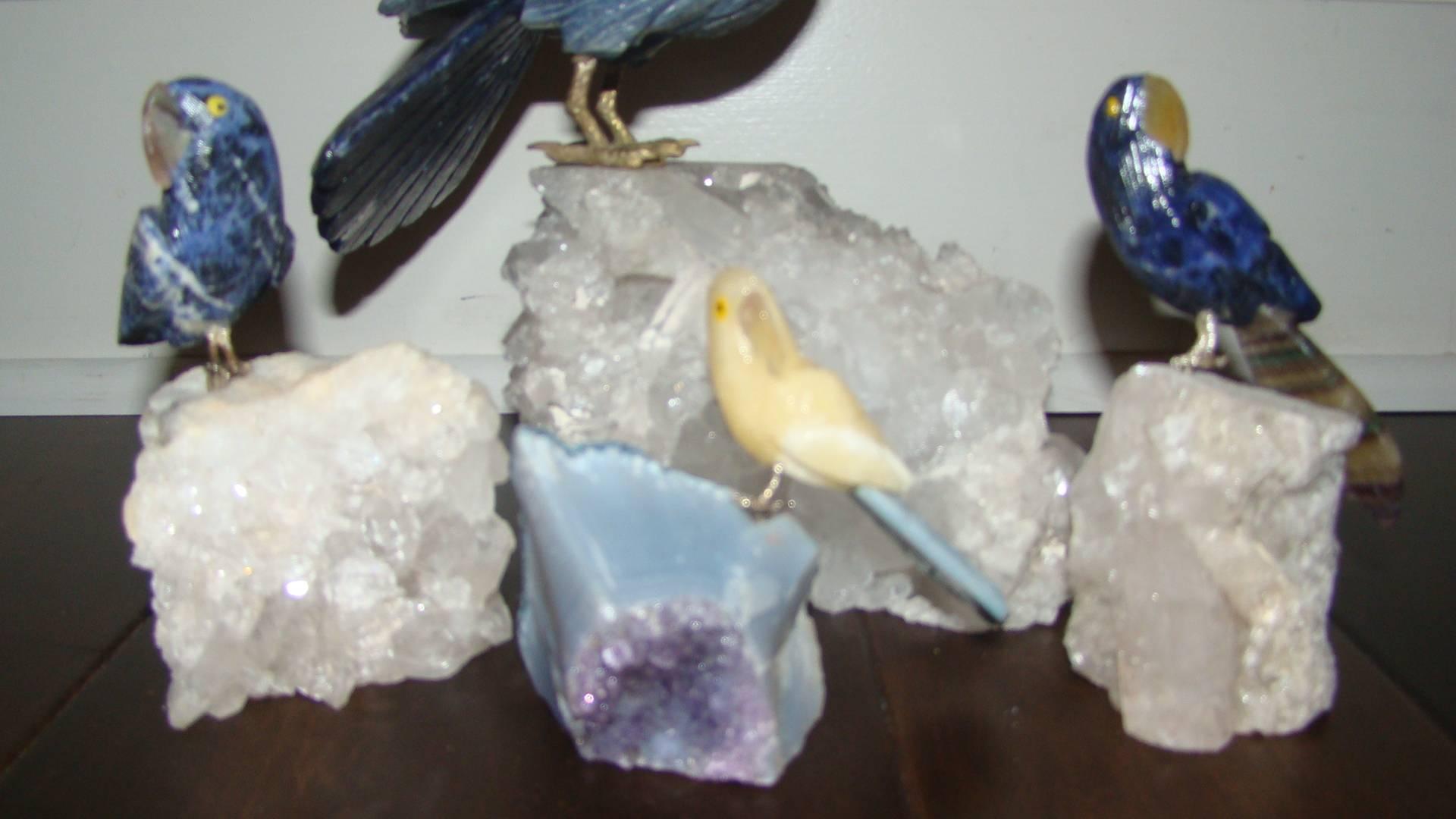 Unknown Set of Quartz Crystal and Gemstone Bird Sculptures