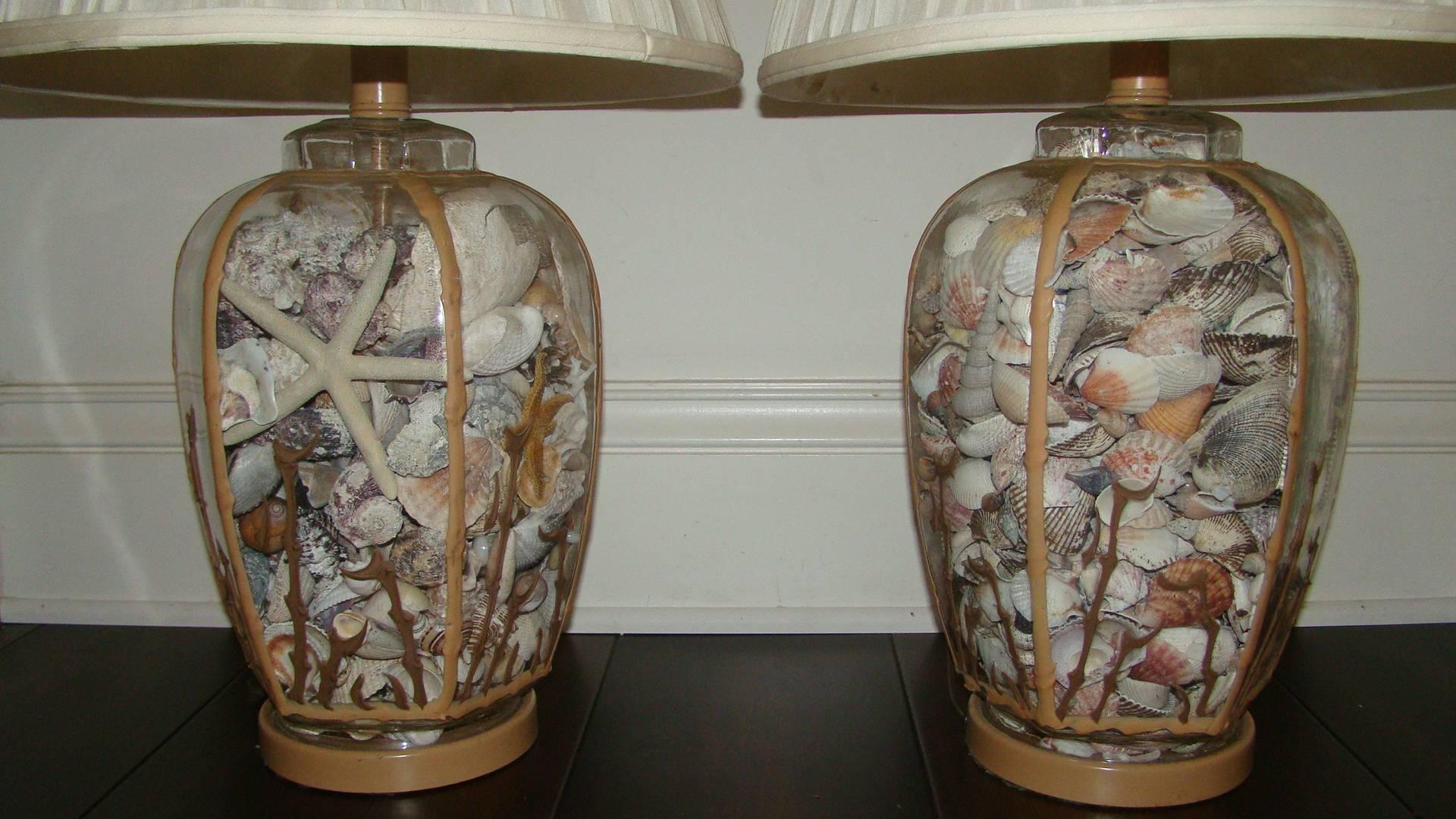Unknown Pair of Sea Shell Filled Glass Table Lamps