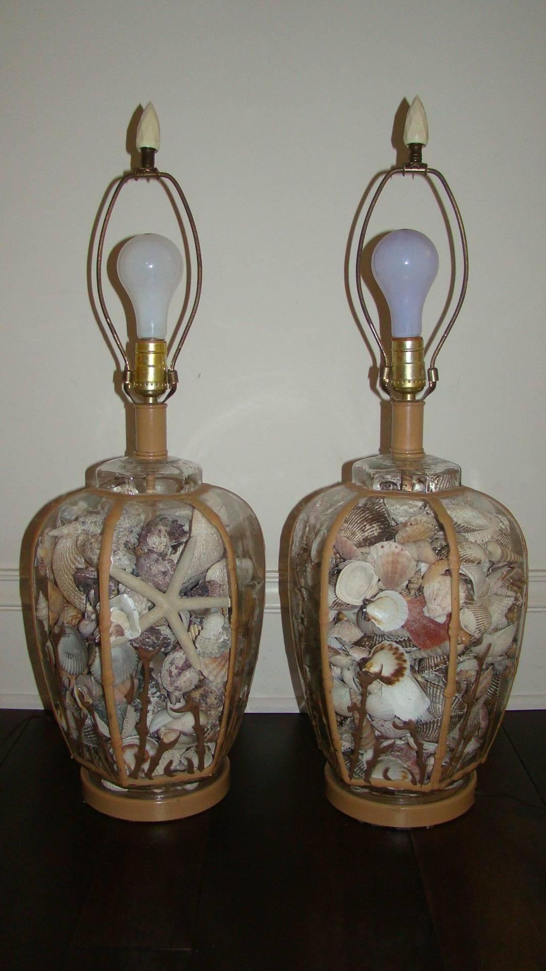 Pair of Sea Shell Filled Glass Table Lamps 2