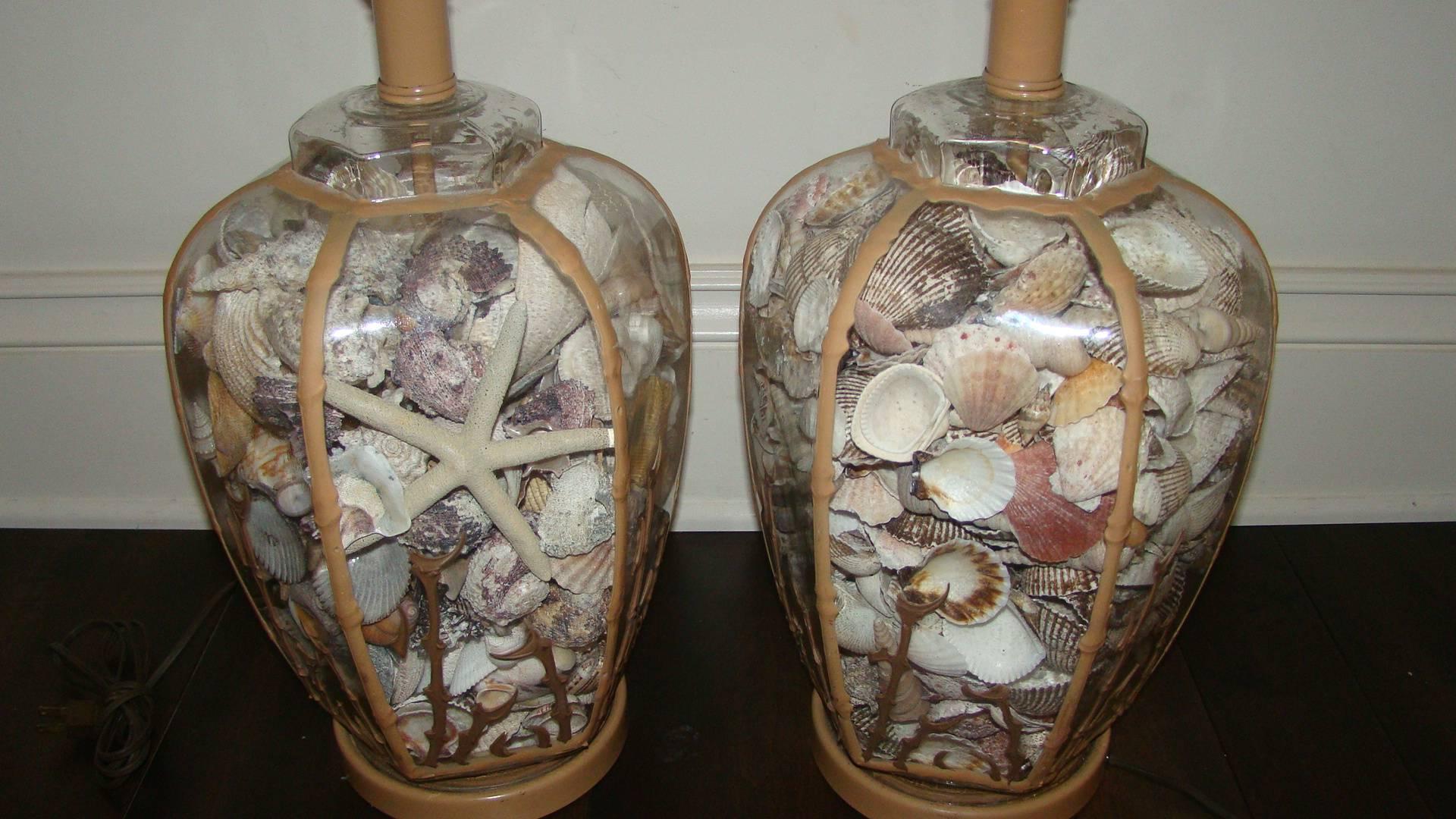 Pair of Sea Shell Filled Glass Table Lamps 3