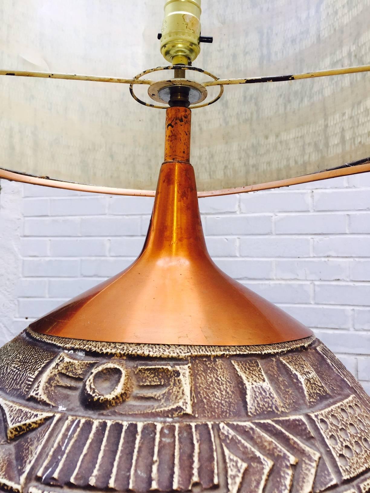 Mid-Century Pottery and Copper Sculptural Table Lamp In Excellent Condition In Atlanta, GA