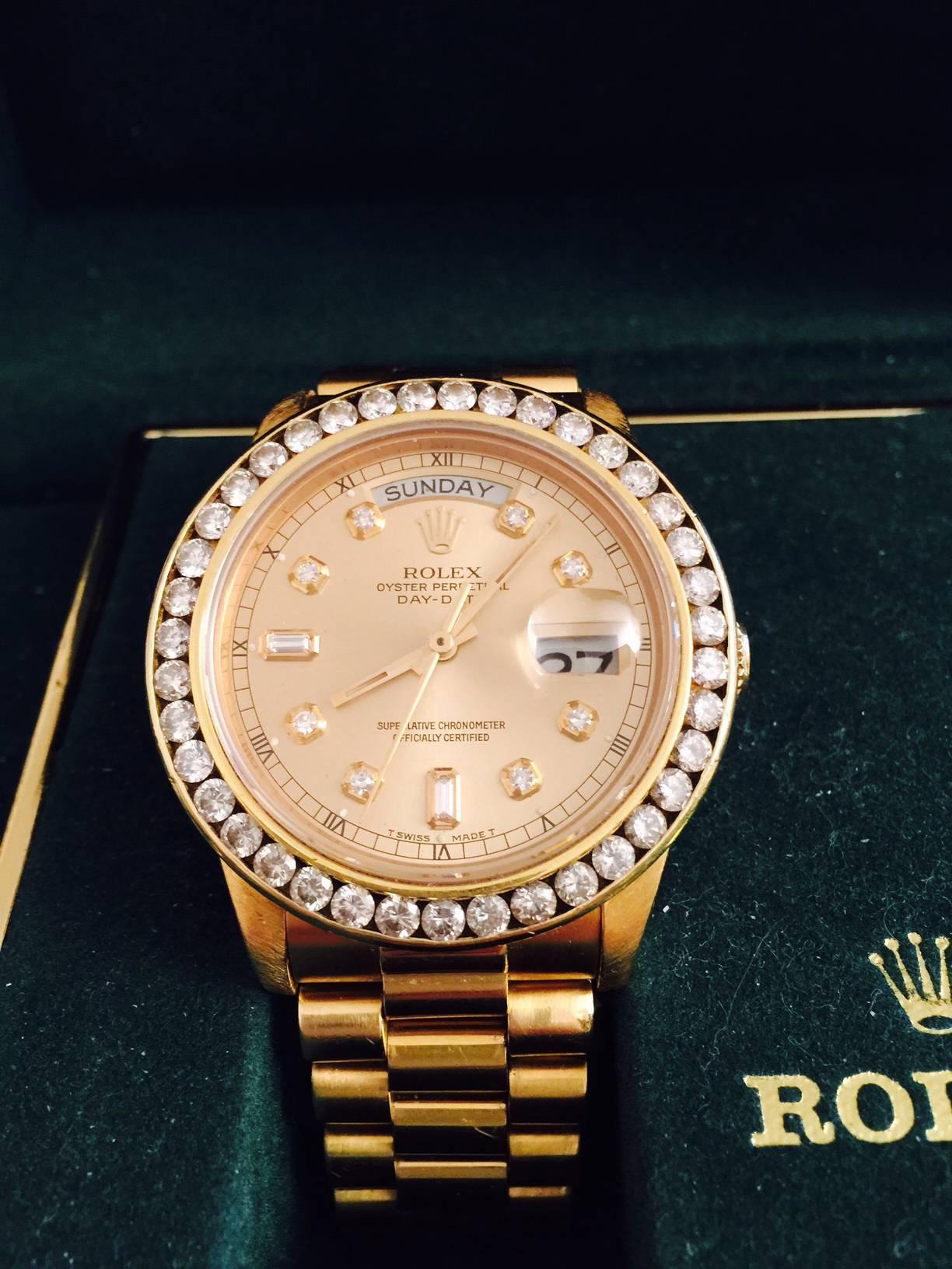 Swiss Rolex President Yellow Gold Diamond Bezel Day-Date Wristwatch Ref 18038