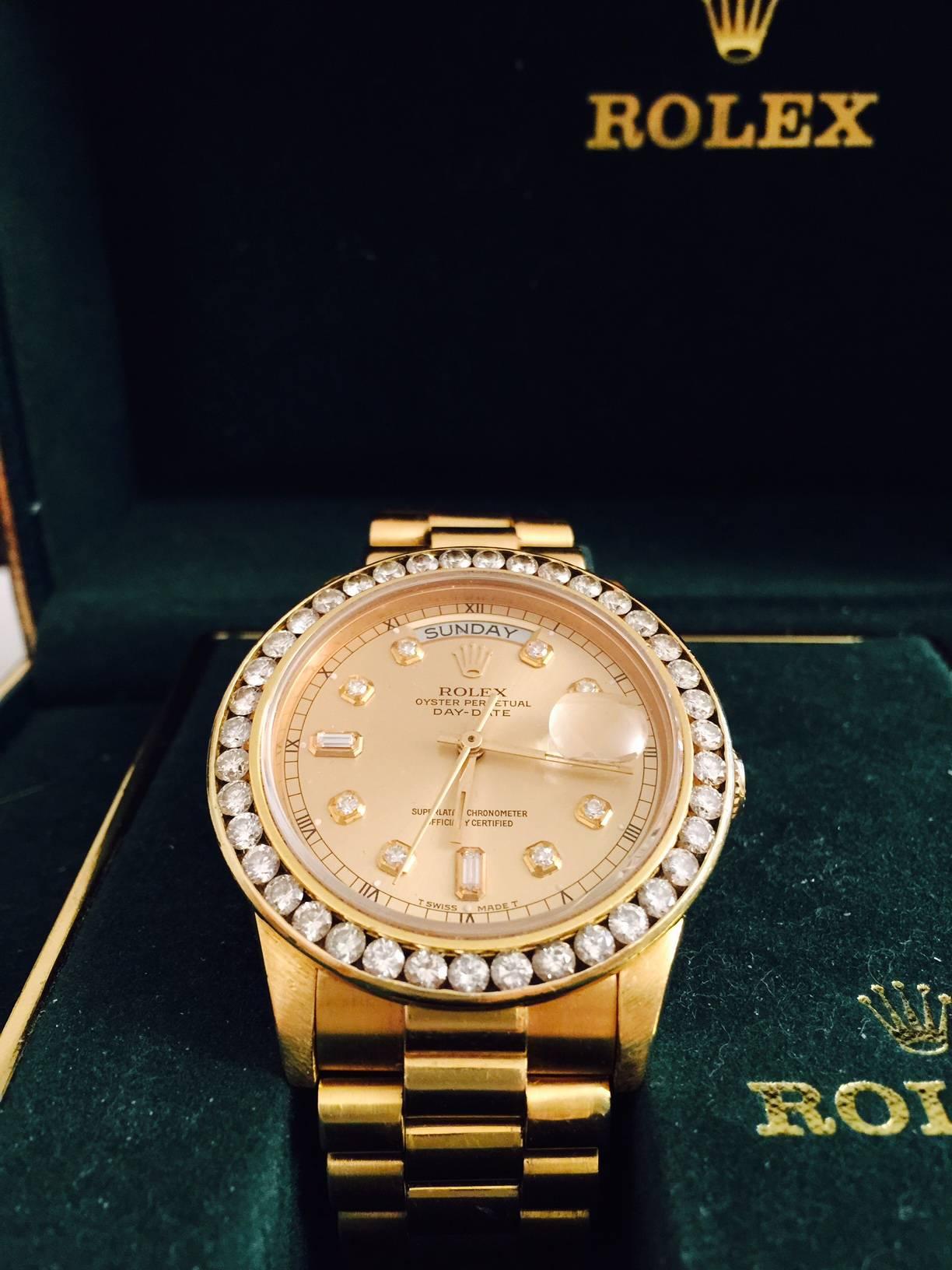 Late 20th Century Rolex President Yellow Gold Diamond Bezel Day-Date Wristwatch Ref 18038