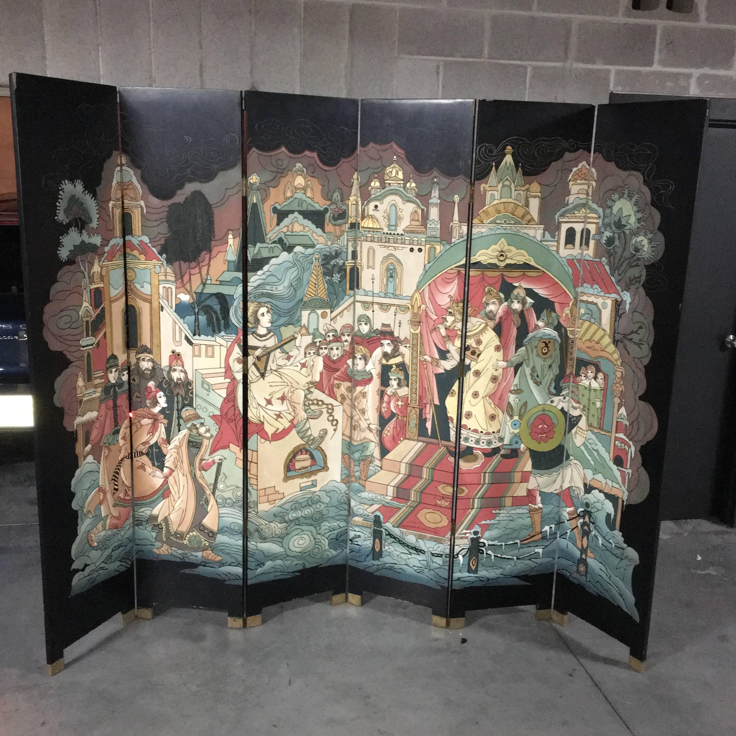 Mid-Century Modern Chinese Six-Panel Decorative Lacquered Screen