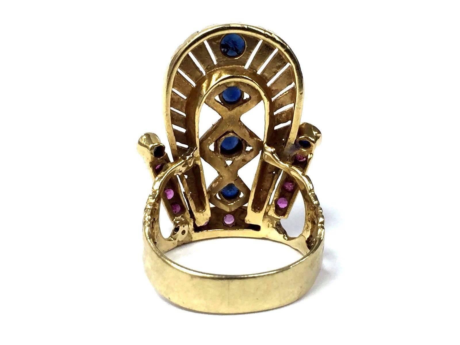Art Deco 18kt Gold Blue Sapphire and Ruby Egyptian Headdress Crown Ring For Sale