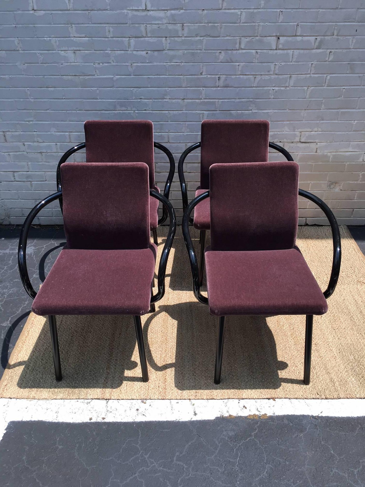 Beautiful set of eight matching Mandarin armchairs designed by Ettore Sottsass for Knoll International. This set was custom ordered in Knoll Plum Mohair fabric which really gives them a classy Art Deco feel. The arms and legs are black metal. Mohair