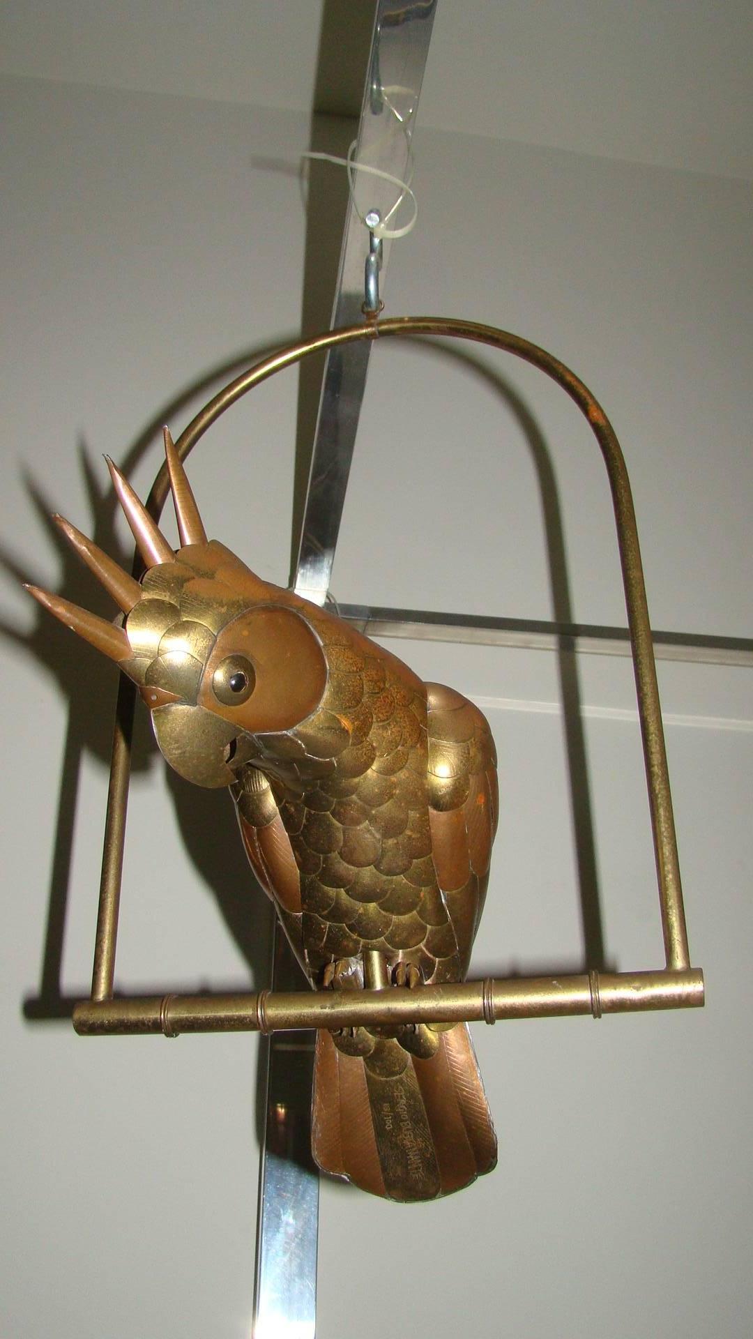Mid-Century Modern Sergio Bustamante Mixed Metal Brass Cockatoo Parrot Hanging Sculpture
