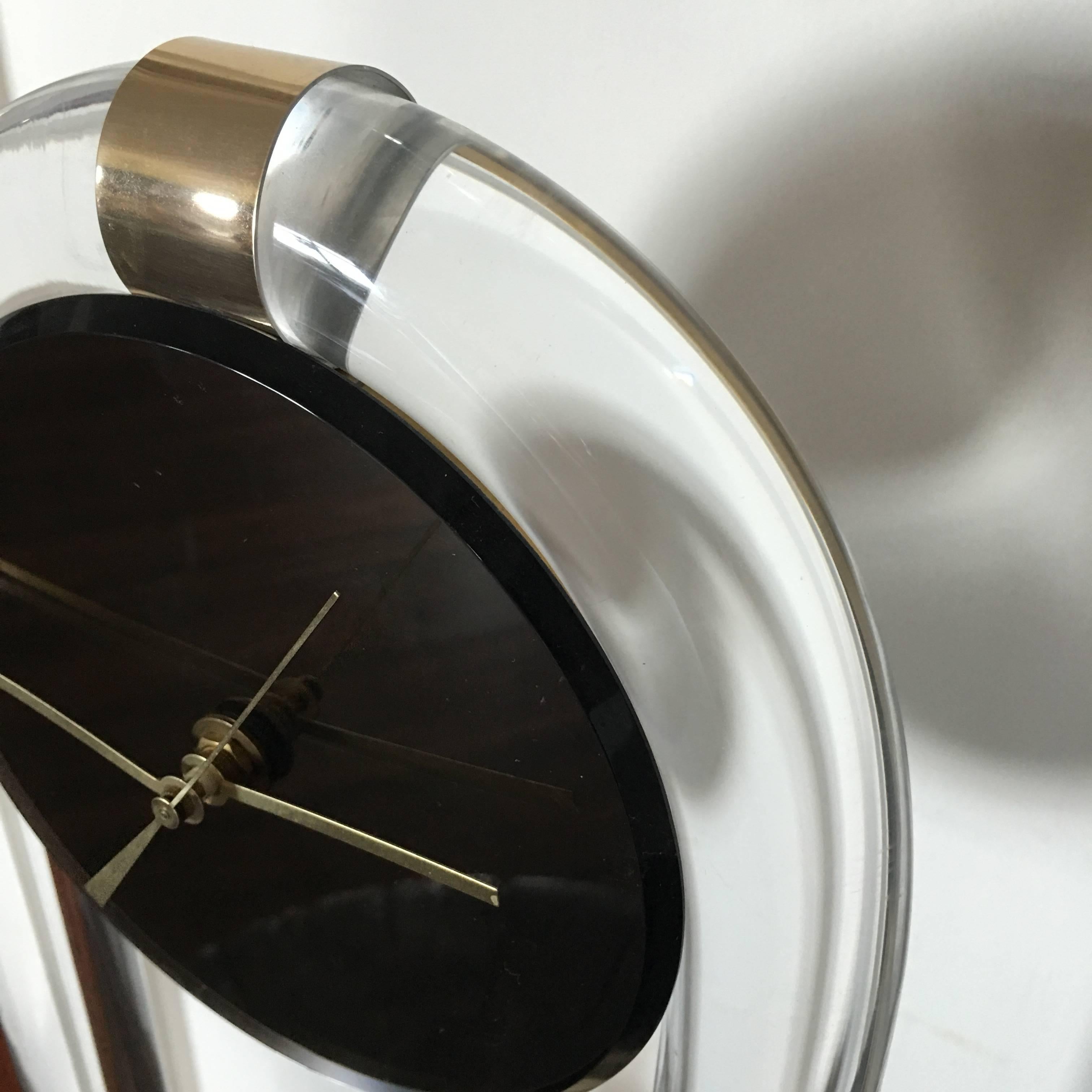 Late 20th Century Lucite and Brass Sculptural Modern Table Clock