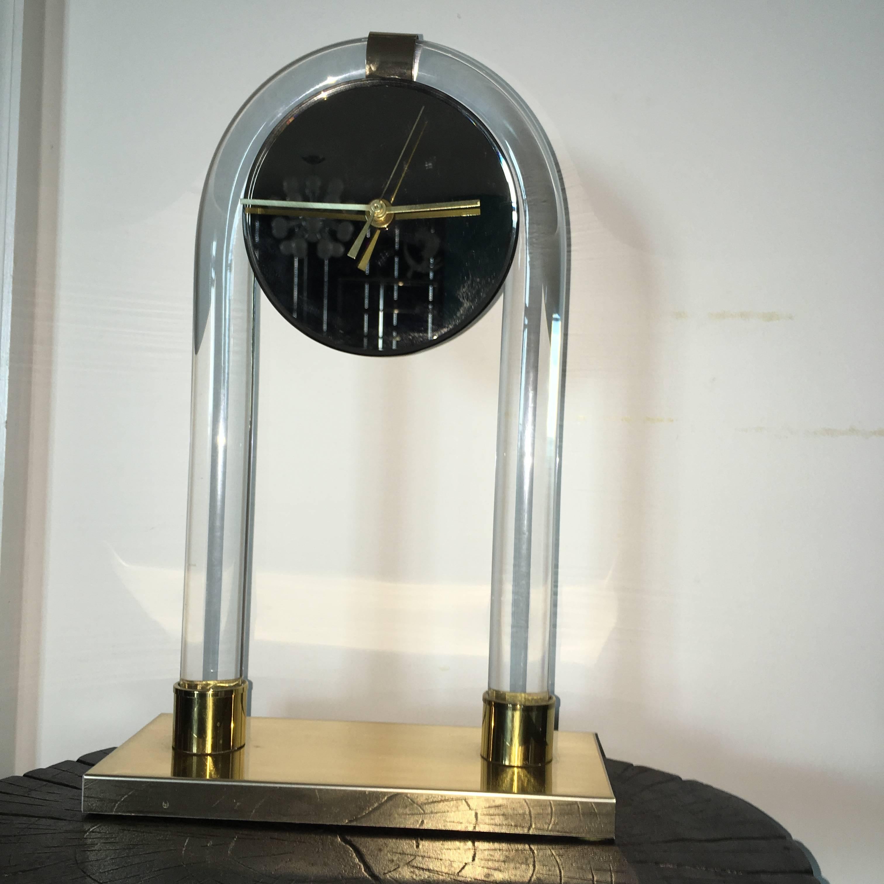 Mid-Century Modern Lucite and Brass Sculptural Modern Table Clock