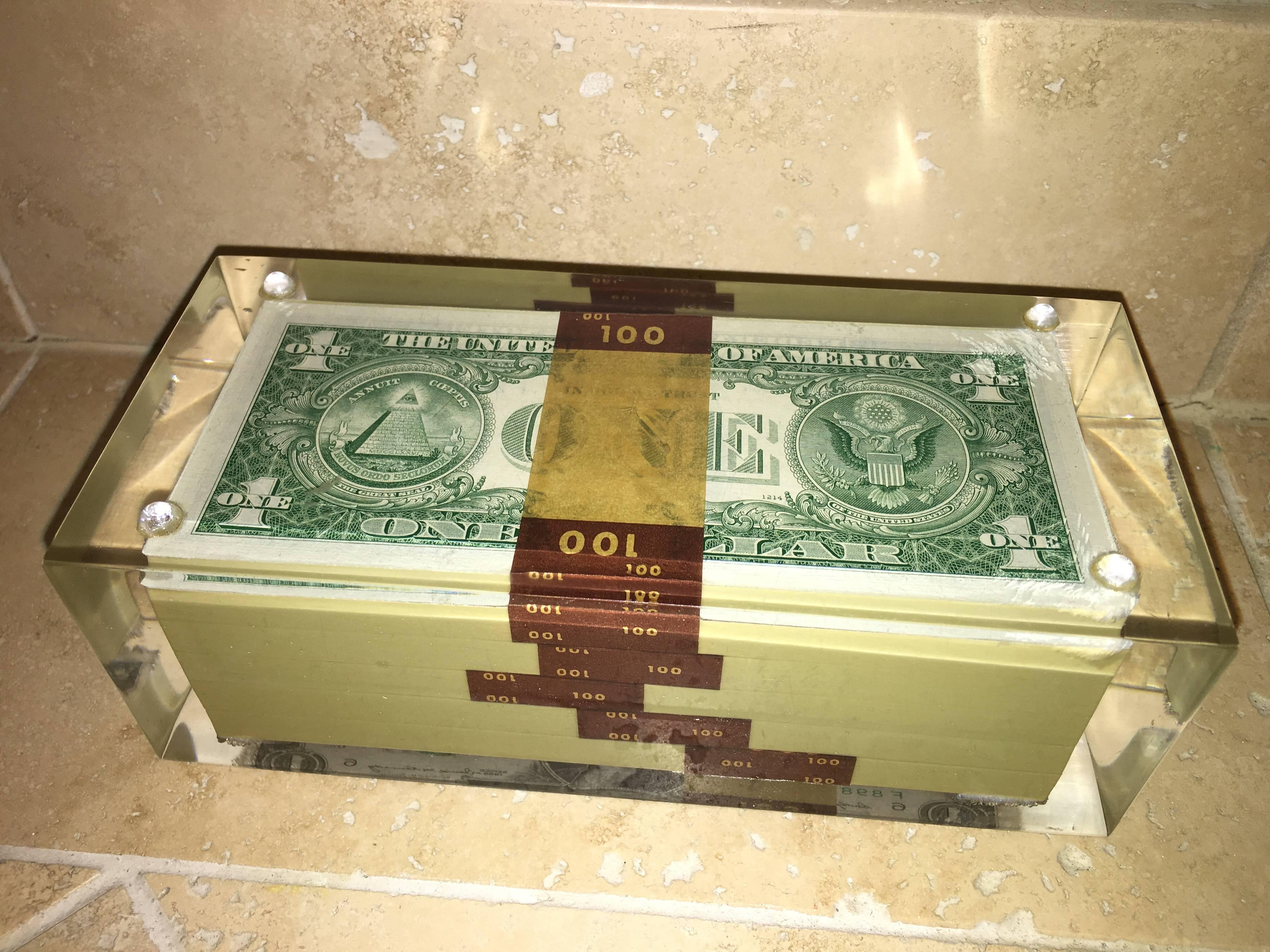 Mid-Century Modern Lucite Encased Stack of Money Uncirculated Bills Sculpture 