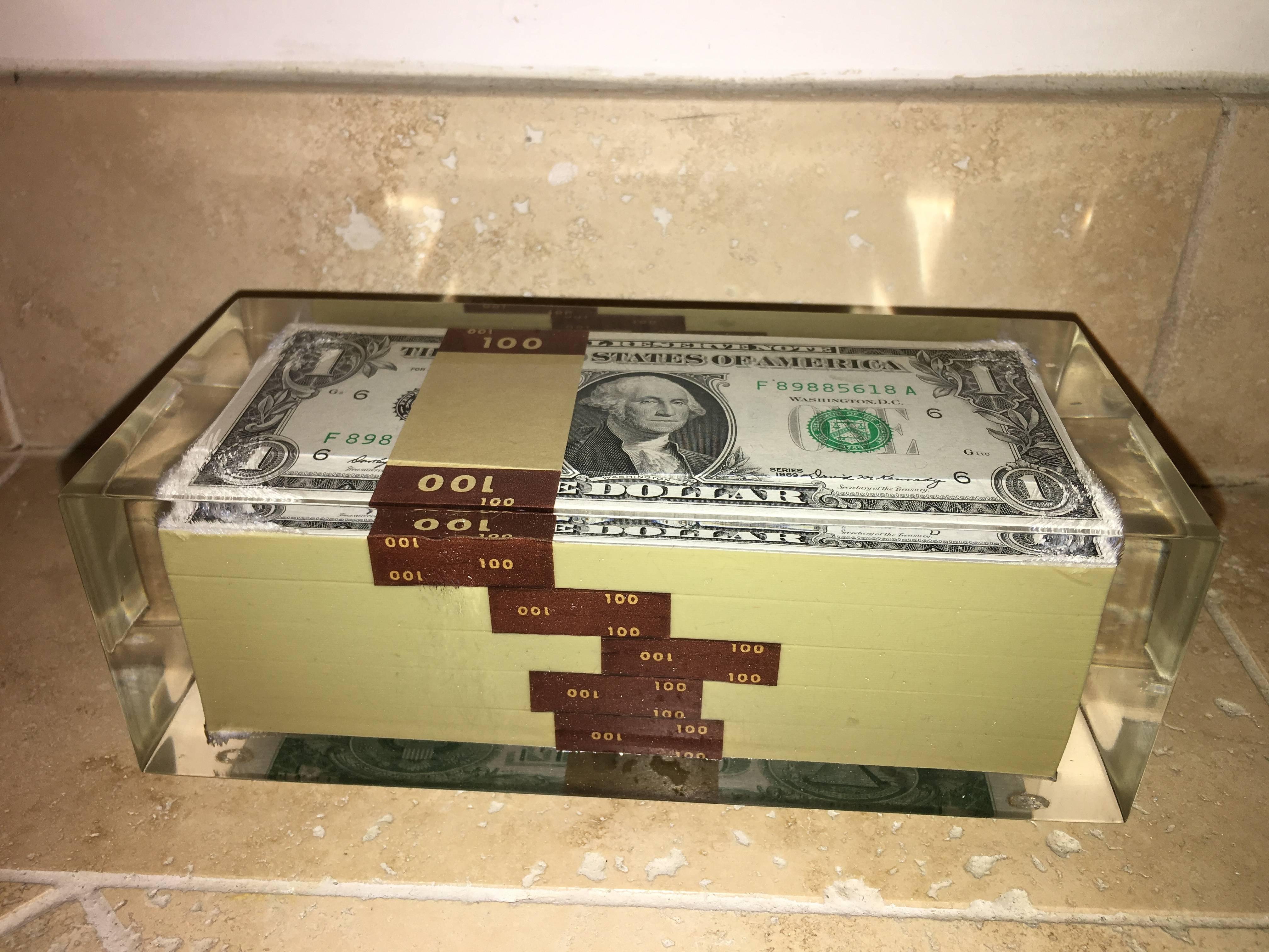 Unknown Lucite Encased Stack of Money Uncirculated Bills Sculpture 