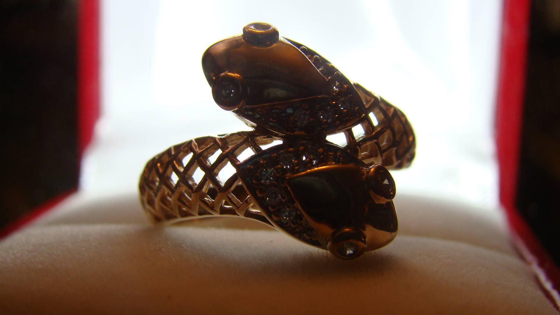 Antique Gold Double Head Snake Ring with Diamond Eyes 1