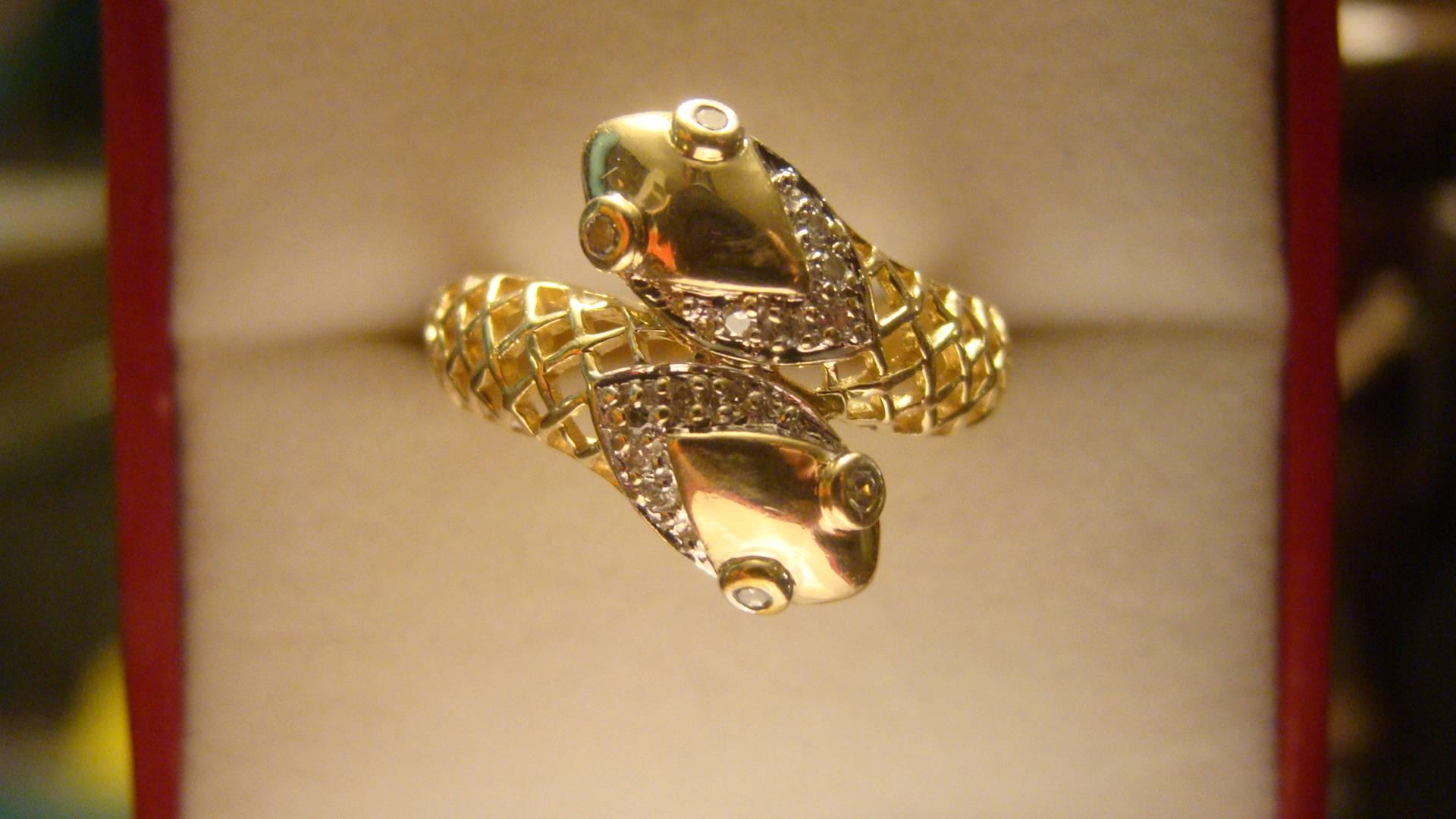 Antique Gold Double Head Snake Ring with Diamond Eyes 2